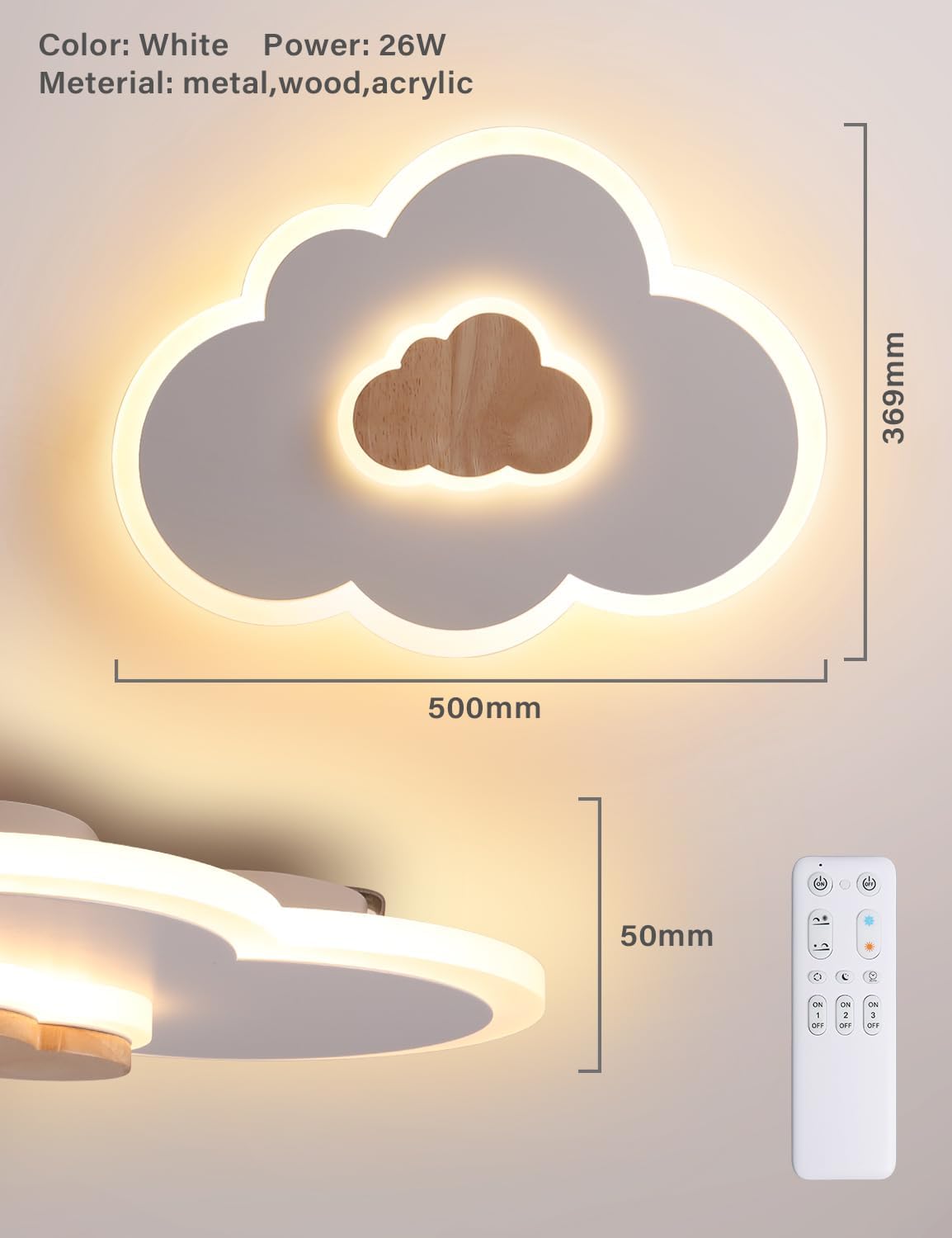 Detalle de FANLG LED-Deckenlampe Wolken (26 W, 50 cm) mit Fernbedienung – dimmbar 3000–6000 K für Kinderzimmer