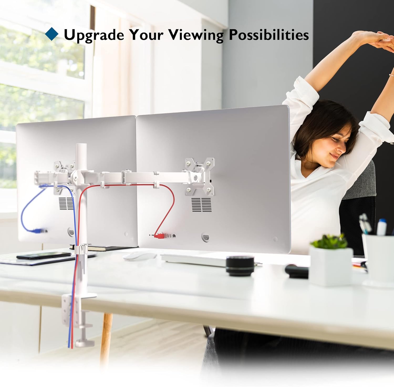 Thumbnail 6 de BONTEC Monitor-Halterung 2 Monitore für 13–27 Zoll (Stahl, Doppelarm, höhenverstellbar) – VESA 75/100, 10 kg pro Arm, weiß