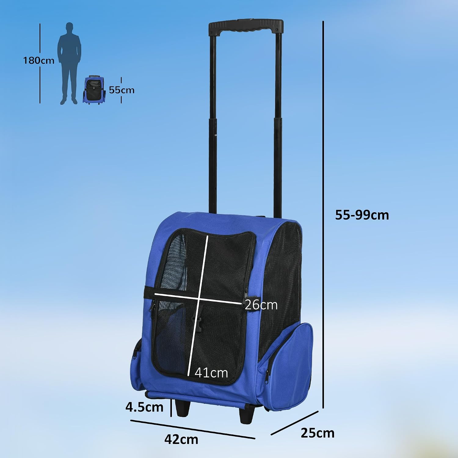 Detalle de PawHut Pet Travel Backpack Bag Carrier with Trolley and Telescopic Handle (Blue)