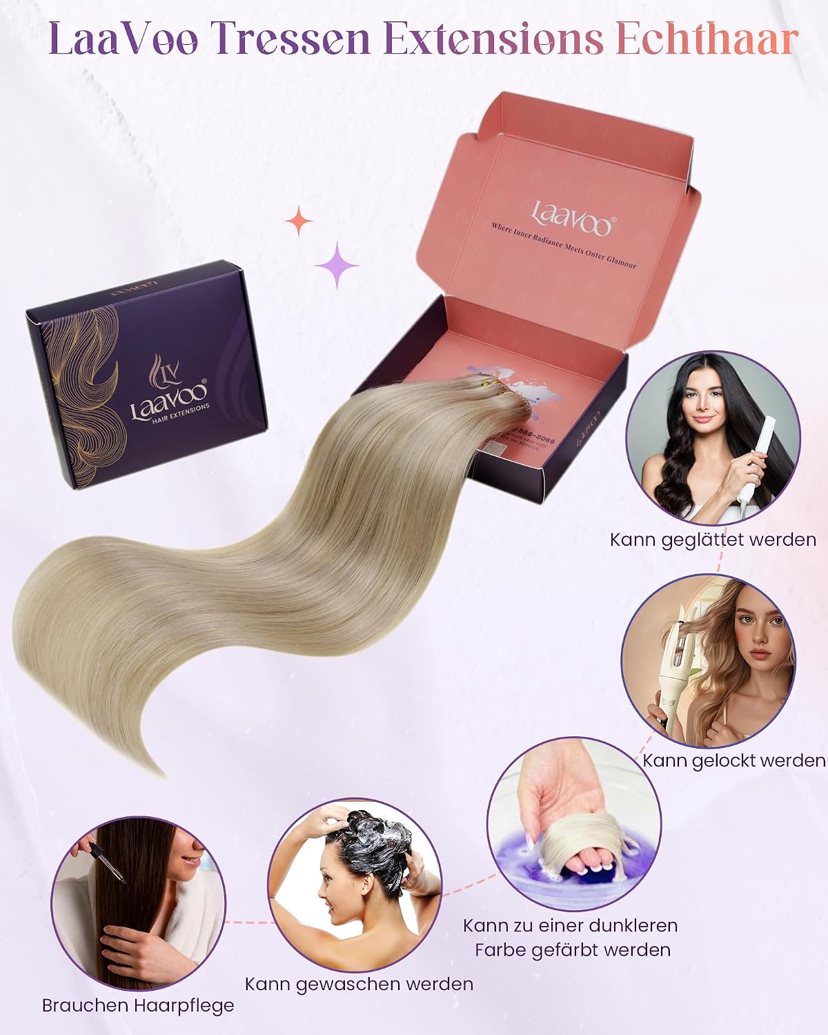 Detalle de LaaVoo Echthaar Tressen zum Einnähen Blond – Goldblond Highlight, 50 cm, 100 g, Remy Haar