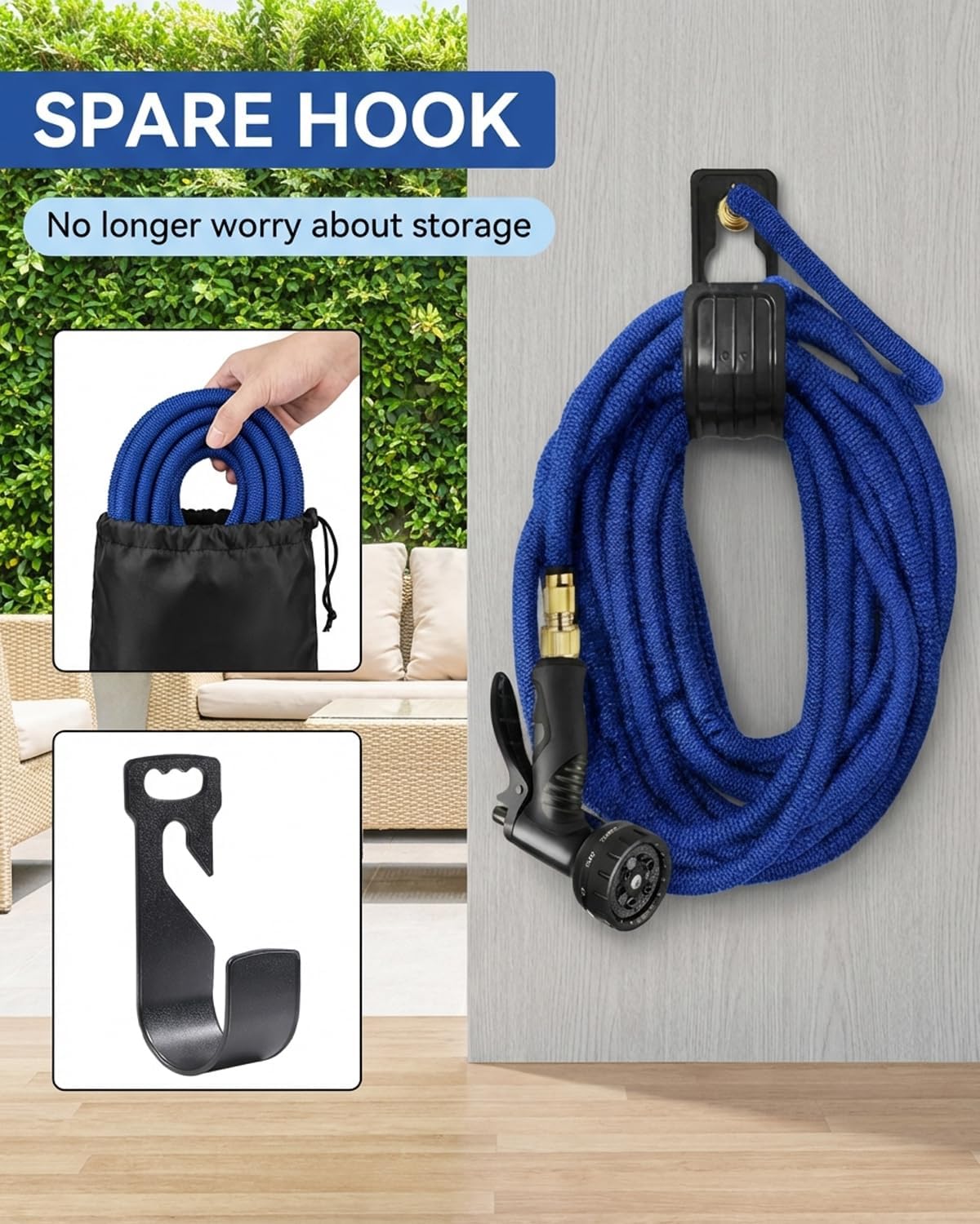 Detalle 2 de Expandable Garden Hose Pipe 100FT/30M with 10-Function Nozzle, 4-Layer Latex, 3/4" & 1/2" Fittings, 3750D Fabric