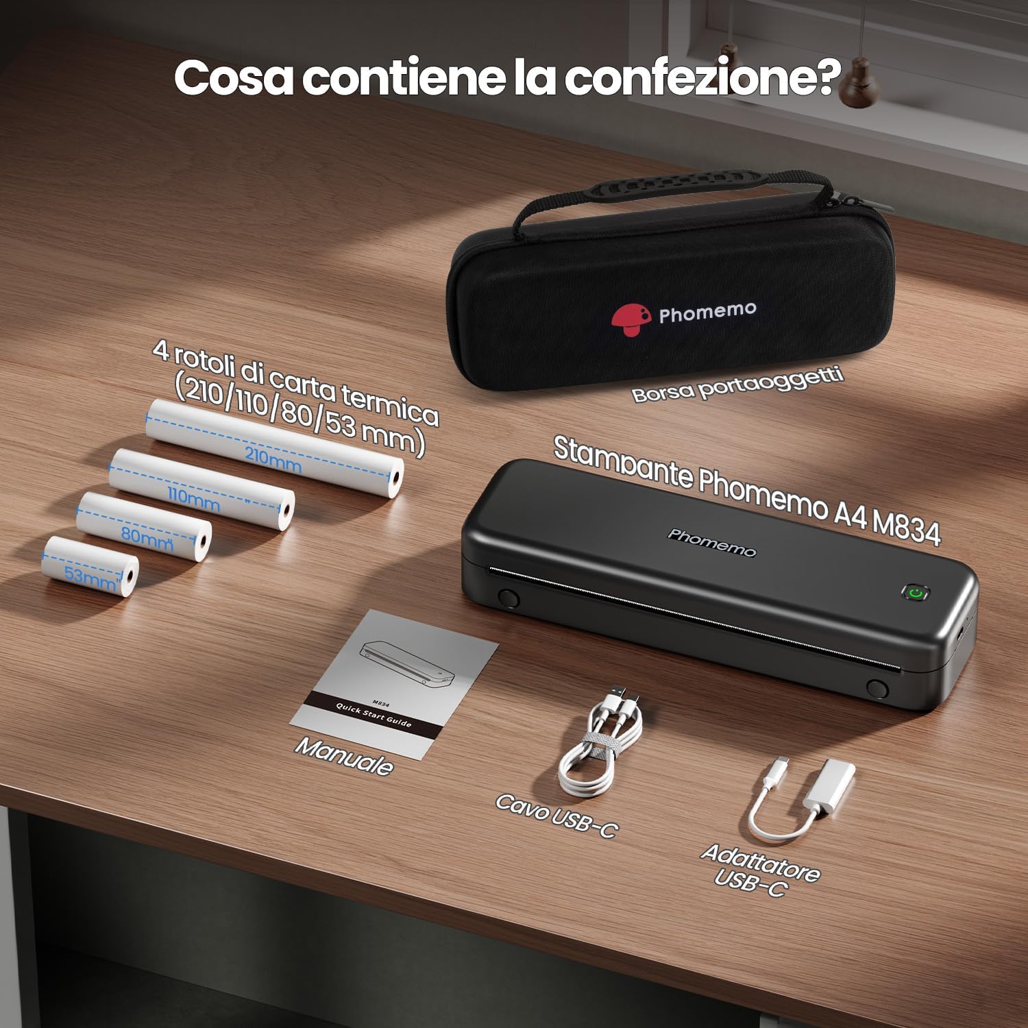 Thumbnail 6 de Phomemo M834 Stampante Portatile A4: stampante termica Bluetooth/USB con 4 rotoli inclusi