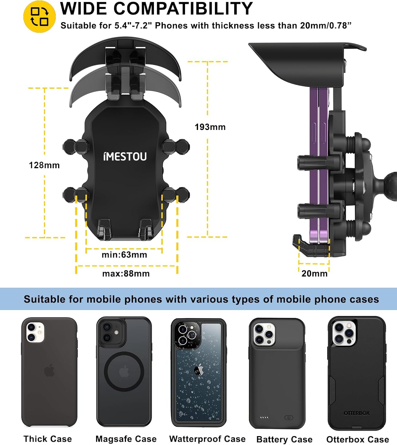 Detalle 2 de iMESTOU Motorrad-Telefonhalterung Anti-Vibration, für 12–32 mm Lenker 5,4"–7,0"