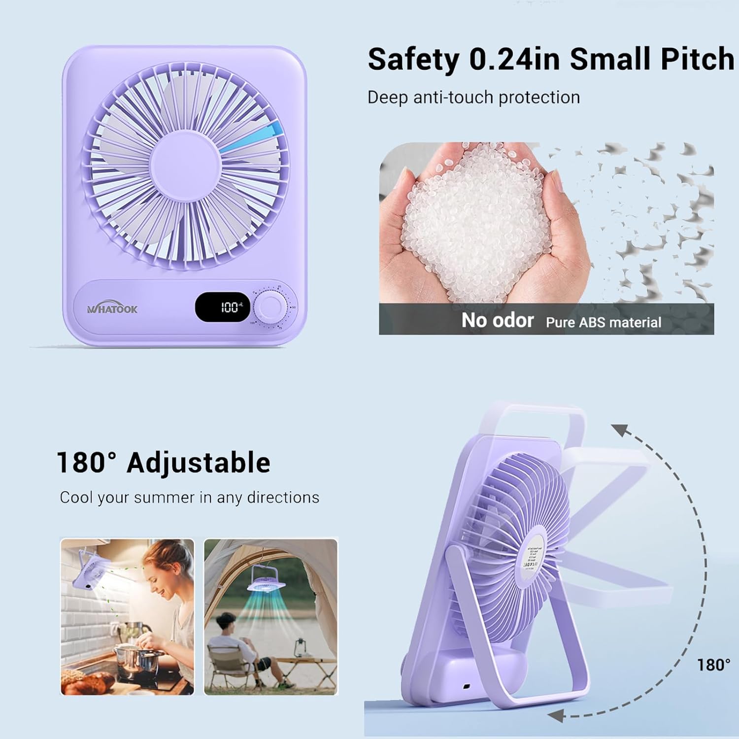 Detalle de WHATOOK USB-Tischventilator Leise mit stufenlosem 1–100 Regler, 5.000-mAh Akku (lila)