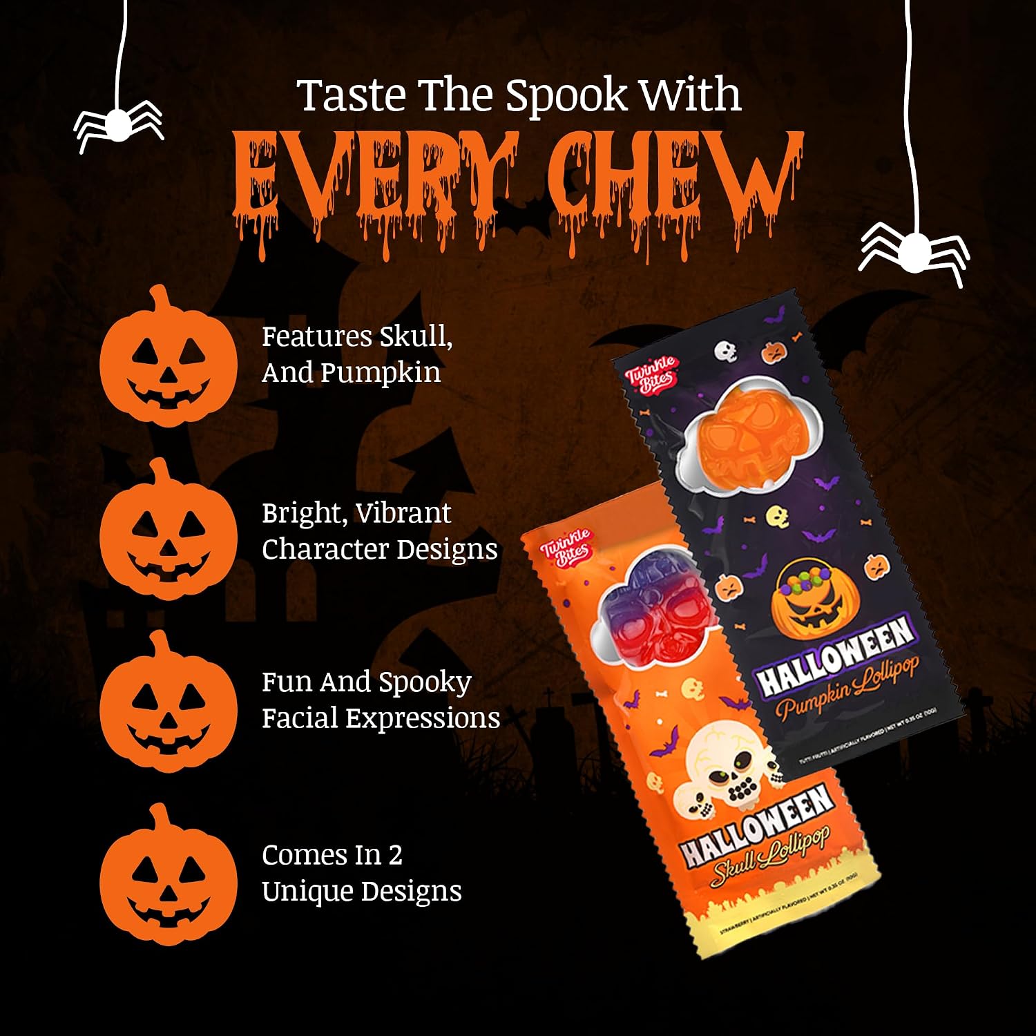 Detalle de Twinkle Bites Halloween Lollipops, 100-Pack, Wrapped Pumpkin & Skull Designs