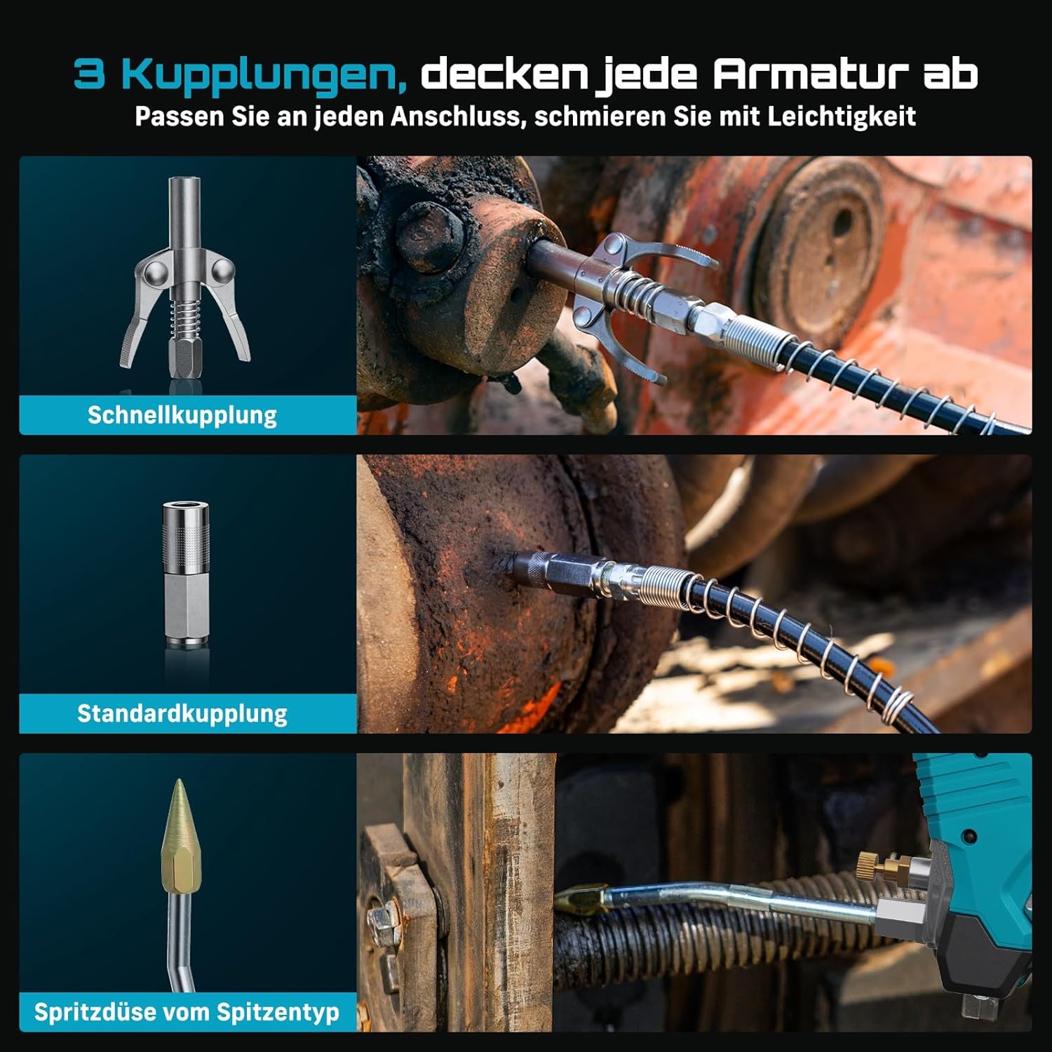 Thumbnail 6 de Seesii 10000 PSI Akku Fettpresse Set – 3 Geschwindigkeiten, 2 Akkus, 100 cm Schlauch, LED-Beleuchtung