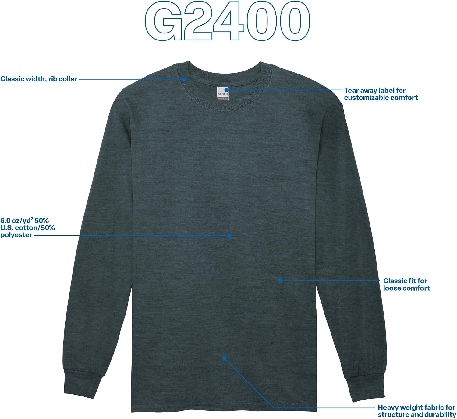 Detalle de Gildan Ultra Cotton G2400 långärmad T-shirt för herr, bomull, 3-pack
