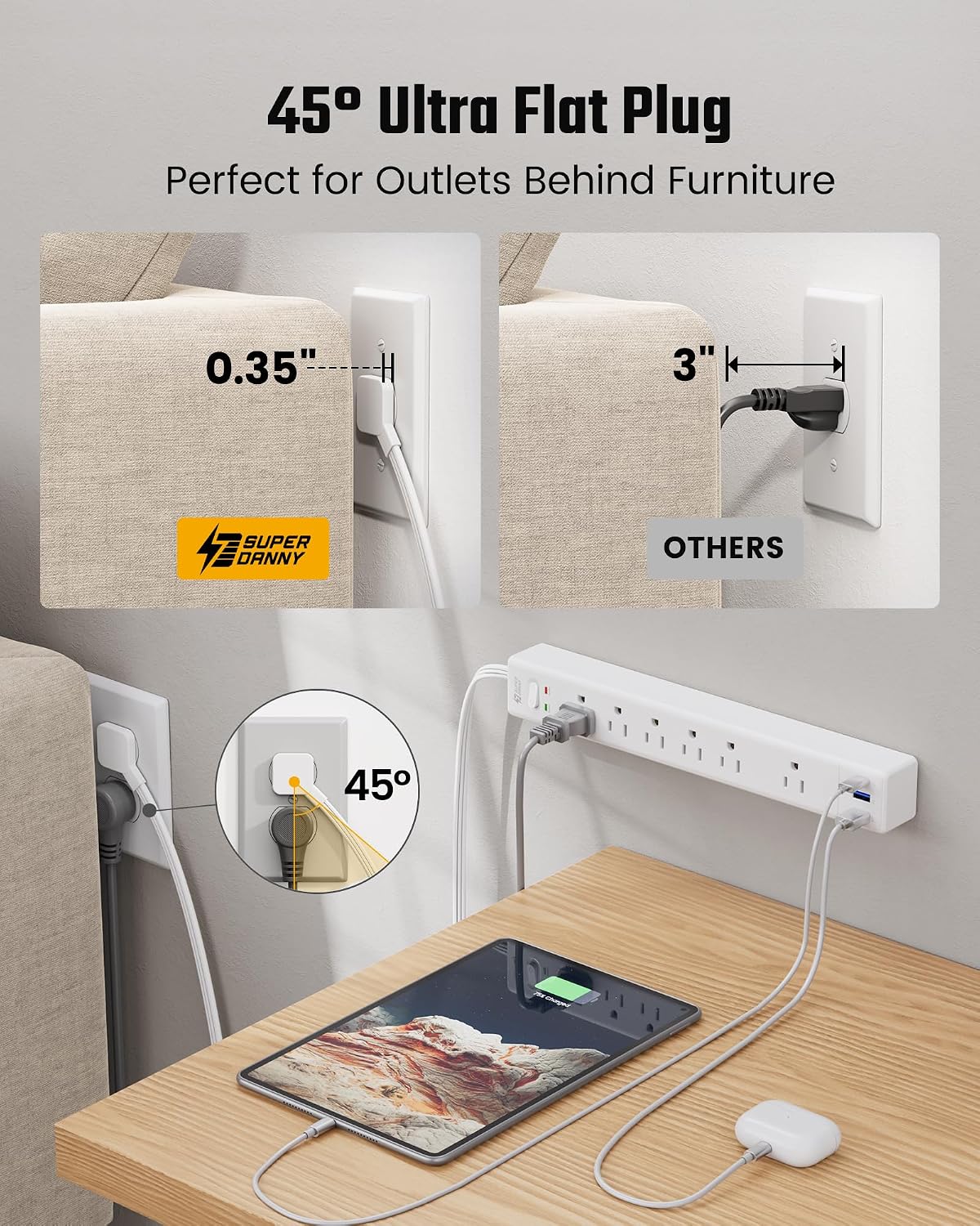 Detalle 2 de SUPERDANNY 10 Ft Flat Plug Power Strip 6-Outlet 3-USB 🔌