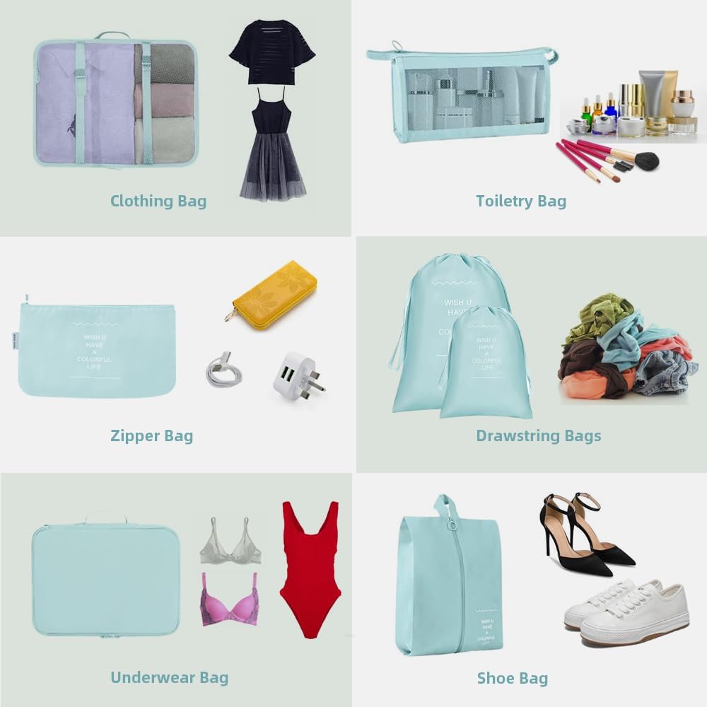 Detalle de Lychico 9-Piece Packing Cubes Set for Suitcase — Waterproof Travel Organisers in Blue