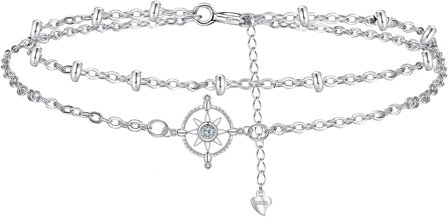 Detalle de Hifeeled Fußkettchen Silber 925 – Doppelkette mit Kugelperlen, verstellbar 22 cm + 4 cm