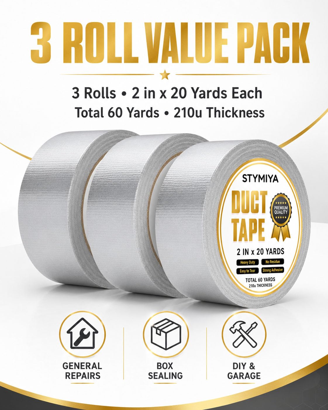 Detalle 2 de Silver Duct Tape Heavy Duty: 3 Rolls 2in x 20yd Outdoor Waterproof Repair Tape