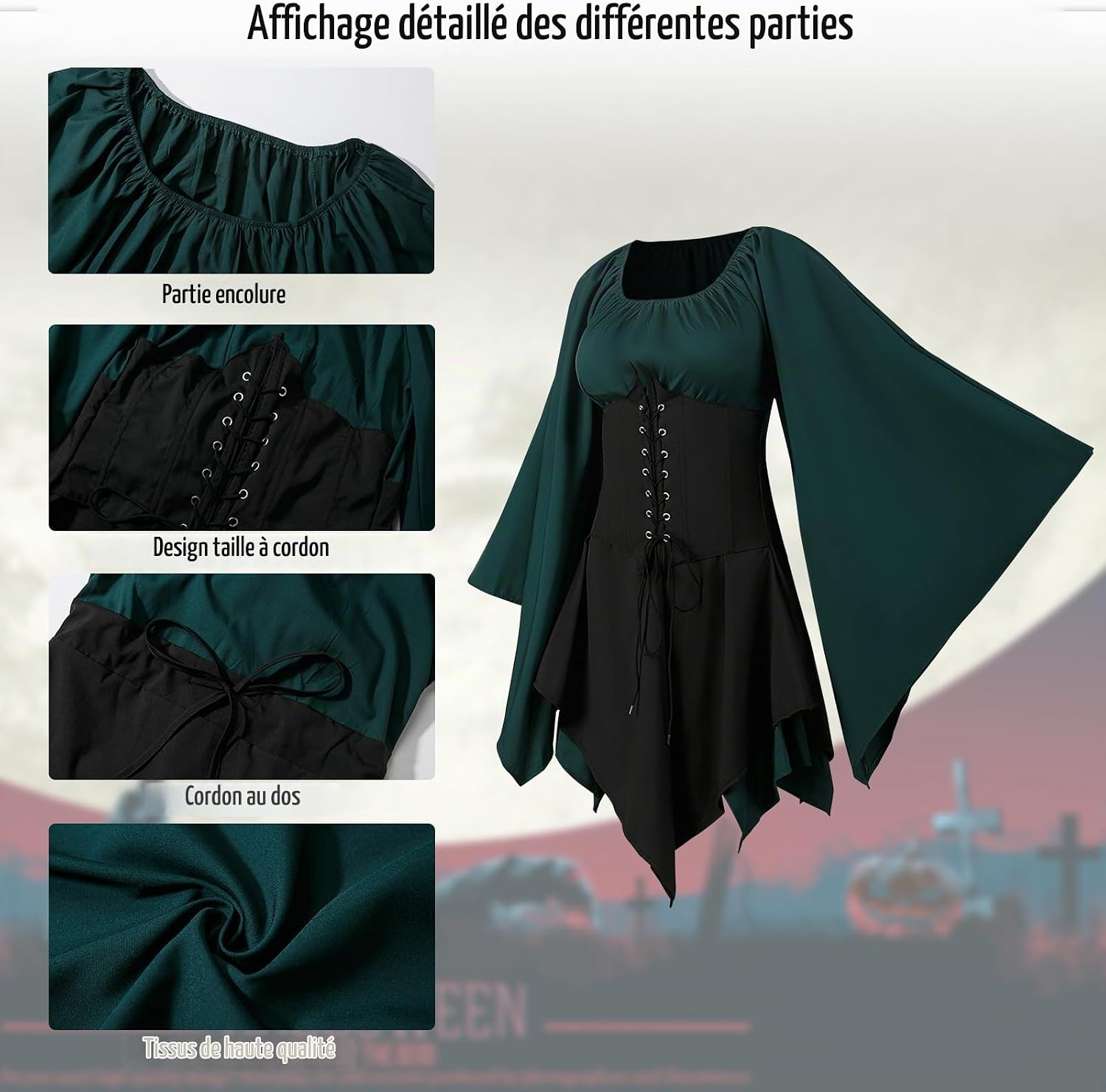 Detalle 1 de CNVAUIE Renaissancekostuum voor dames, middeleeuwse maxi-jurk met trompetmouwen