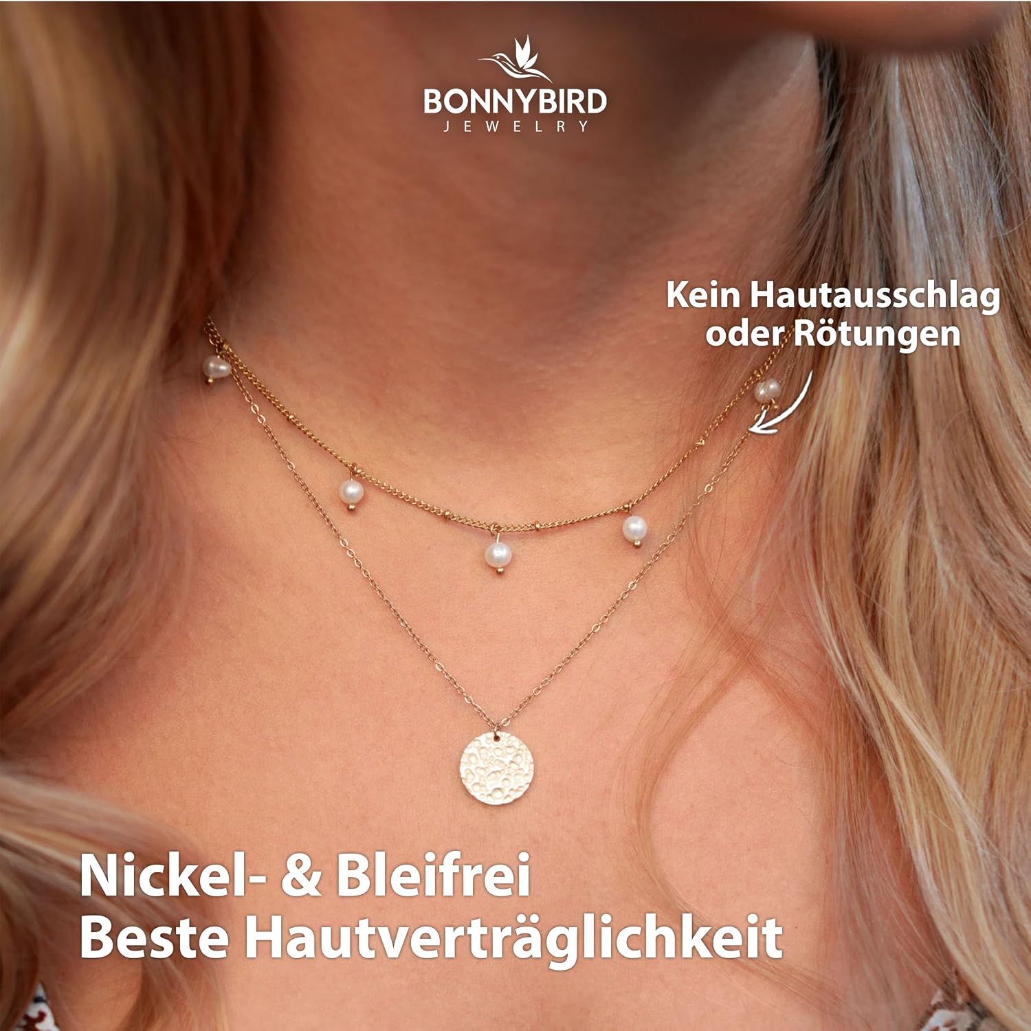 Detalle de BONNYBIRD Wasserfeste Boho-Halskette aus Edelstahl mit Münzanhänger – in Silber, Gold & Roségold (316L, 42–50 cm)