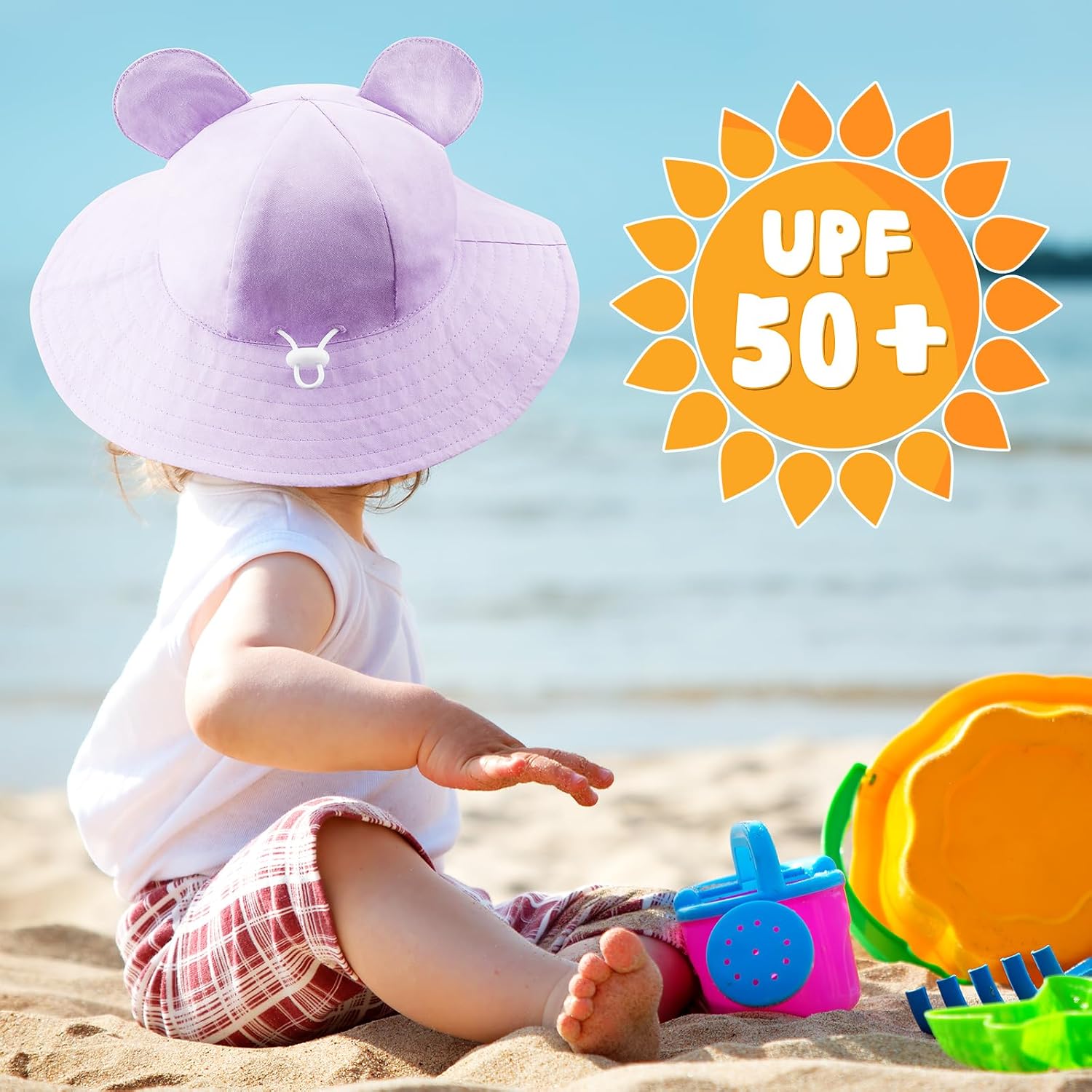 Detalle de DRESHOW Baby Sonnenhut mit Bärenohren, UPF 50+ und Kinnriemen (breite Krempe)