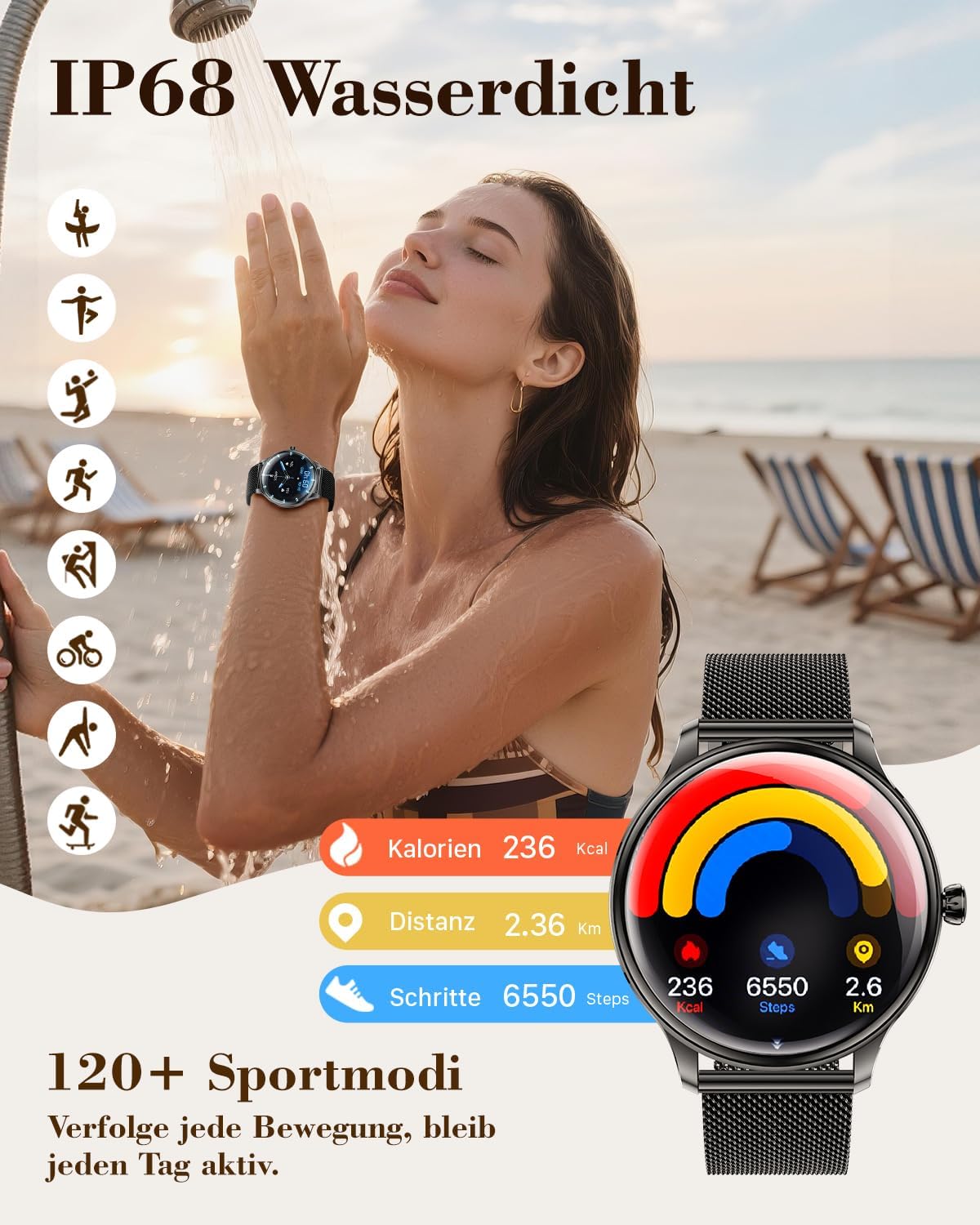 Detalle de WalkerFit Smartwatch Damen Rund 1,43" AMOLED – 120+ Sportmodi, IP68, kabelloses Laden, Bluetooth Anrufe
