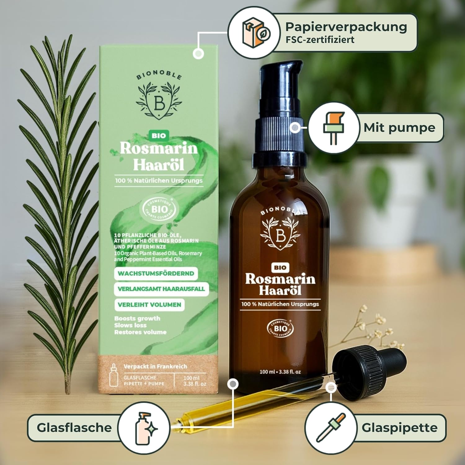 Detalle de BIONOBLE Rosmarinöl Haare Bio – Öl für Haarwachstum und Kopfhaut, 100 ml