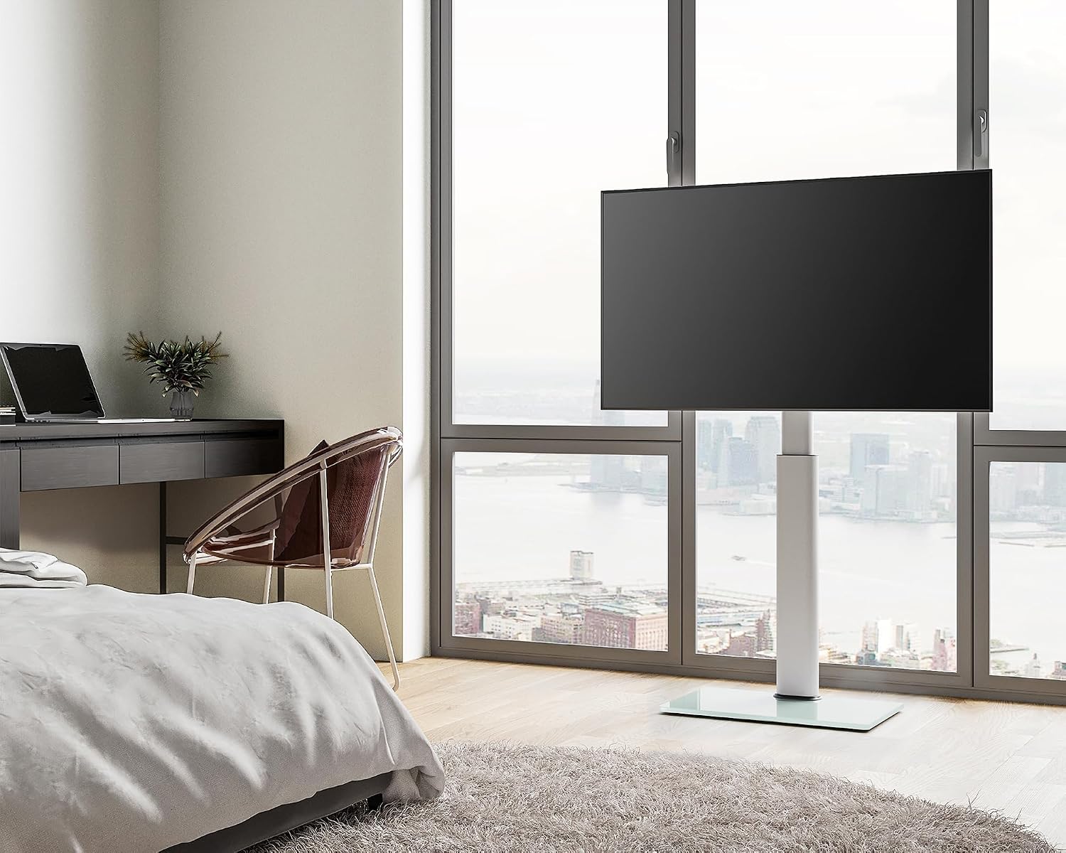 Detalle de FITUEYES TV Ständer mit Glasboden für 32–60 Zoll Fernseher, höhenverstellbar bis 1240 mm, max. 30 kg, VESA bis 600×400 mm – Weiß