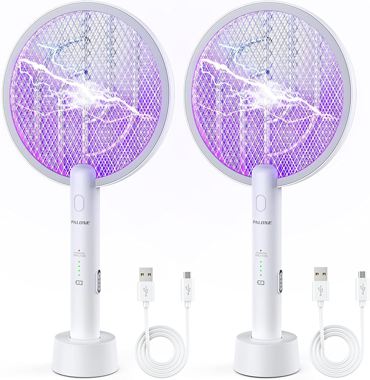 Detalle de PALONE Rechargeable Bug Zapper Racket, 2 Modes, 3-Layer Safety Grid, 2-Pack