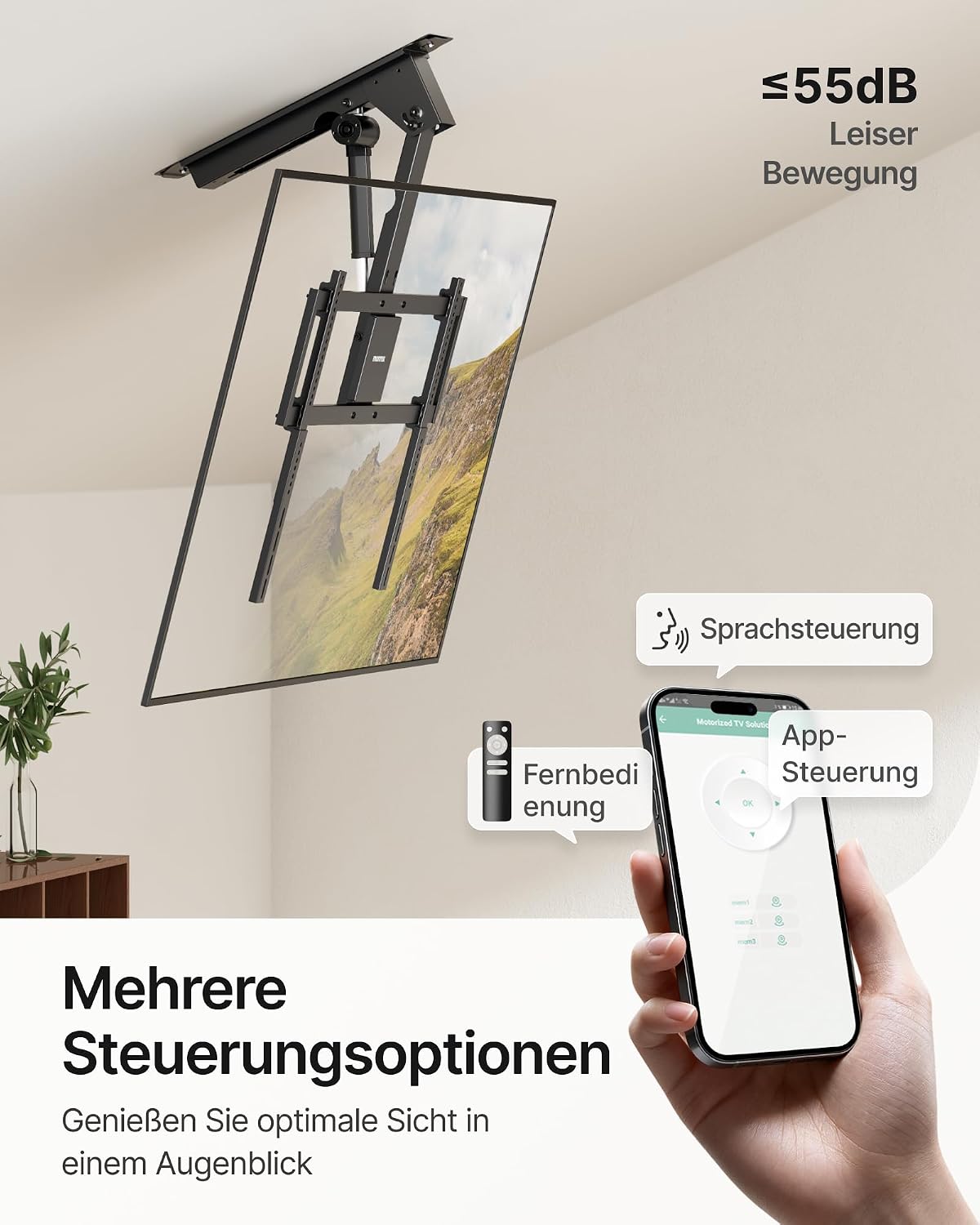 Detalle de monTEK Deckenhalterung elektrisch für 43–86 Zoll – VESA 200×100 bis 600×400, bis 55 kg