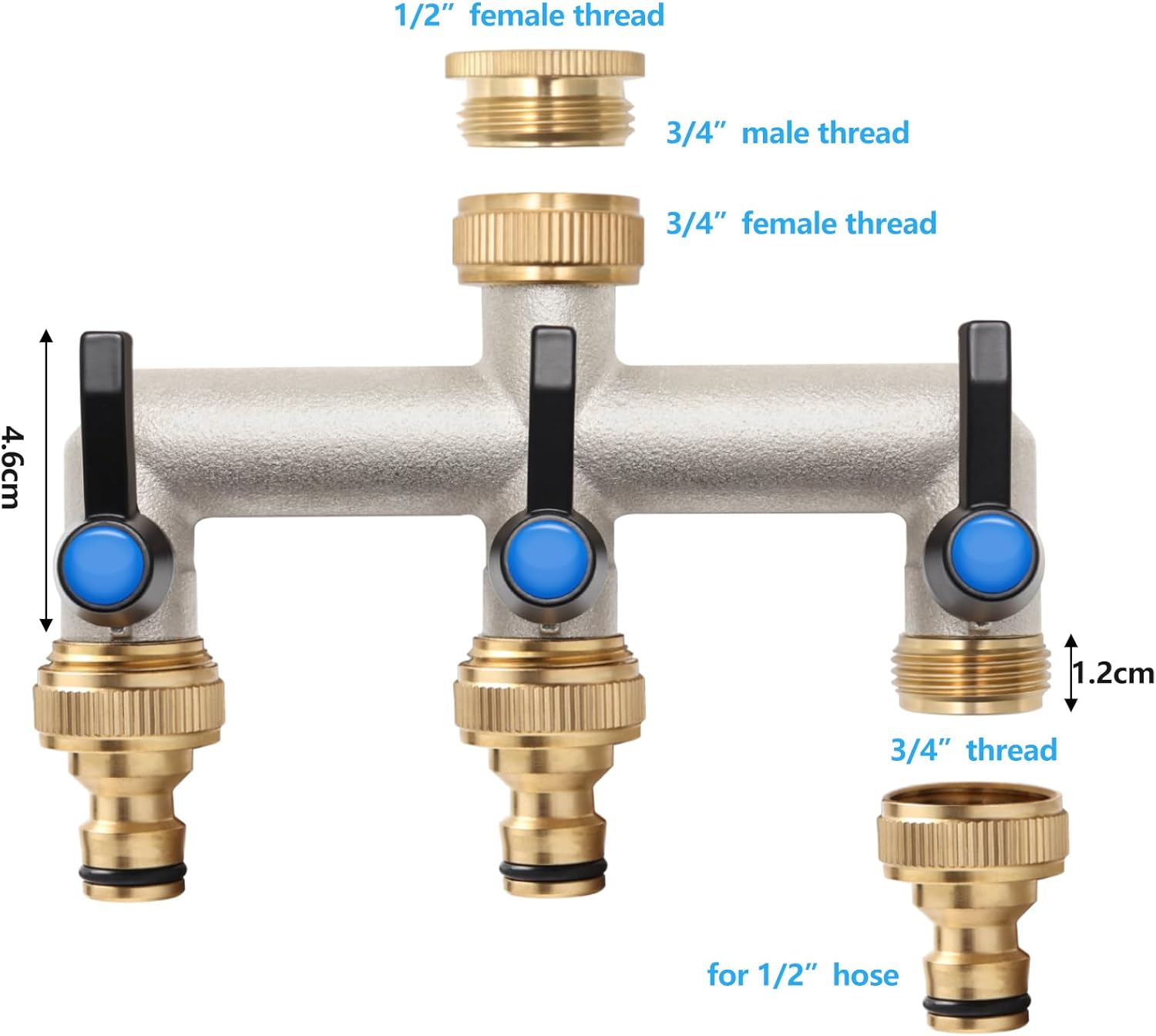Detalle de Wasserverteiler 4-Wege aus Messing mit Verlängerungsgriff – 3/4-Zoll auf 1/2-Zoll Adapter für Haus & Waschmaschine