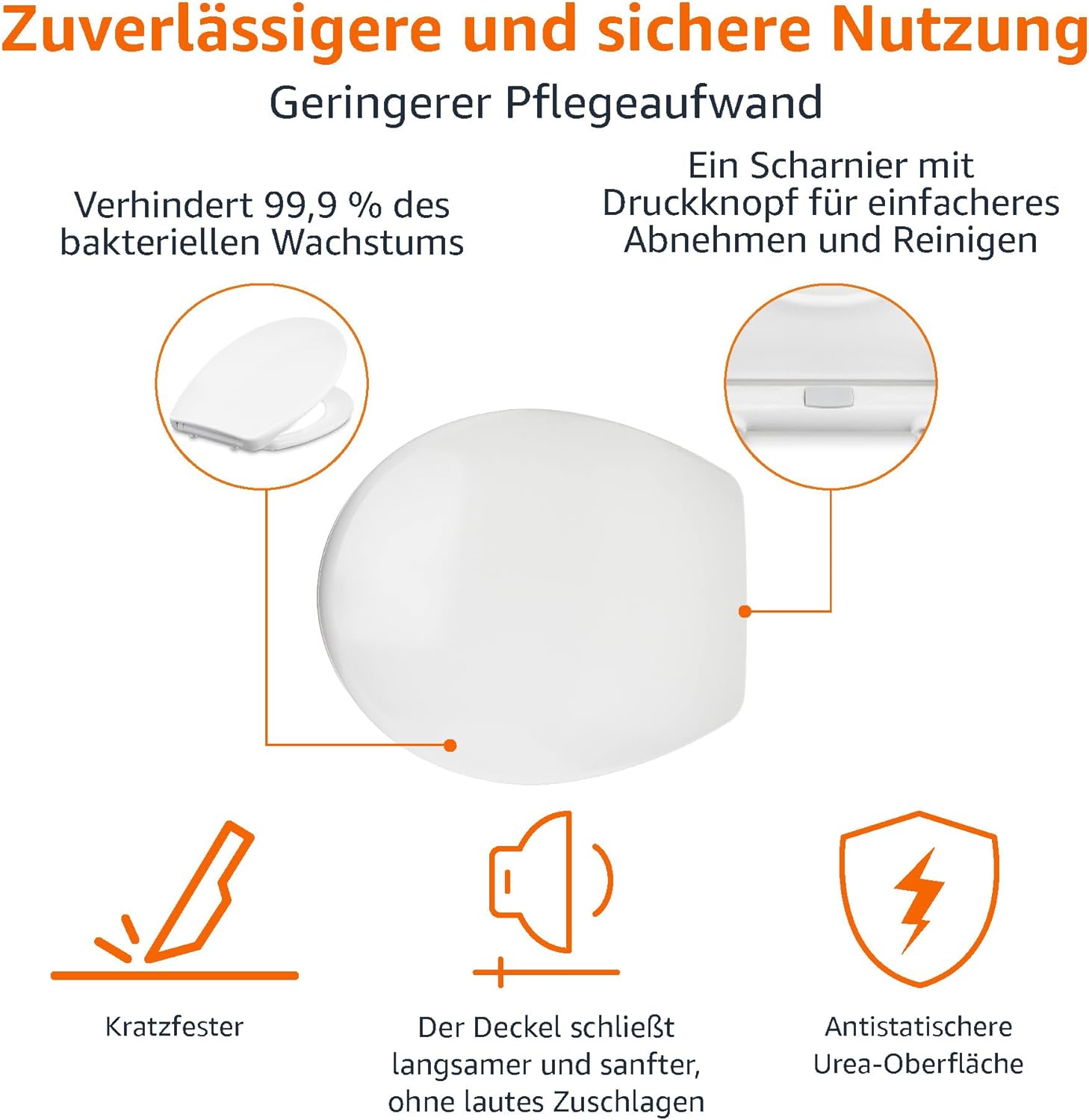 Detalle 2 de Amazon Basics Oval Robuster WC-Sitz aus Urea-Material – Sicherheitsdeckel, Soft-Close & Absenkautomatik, universal 37 × 42 cm, Weiß