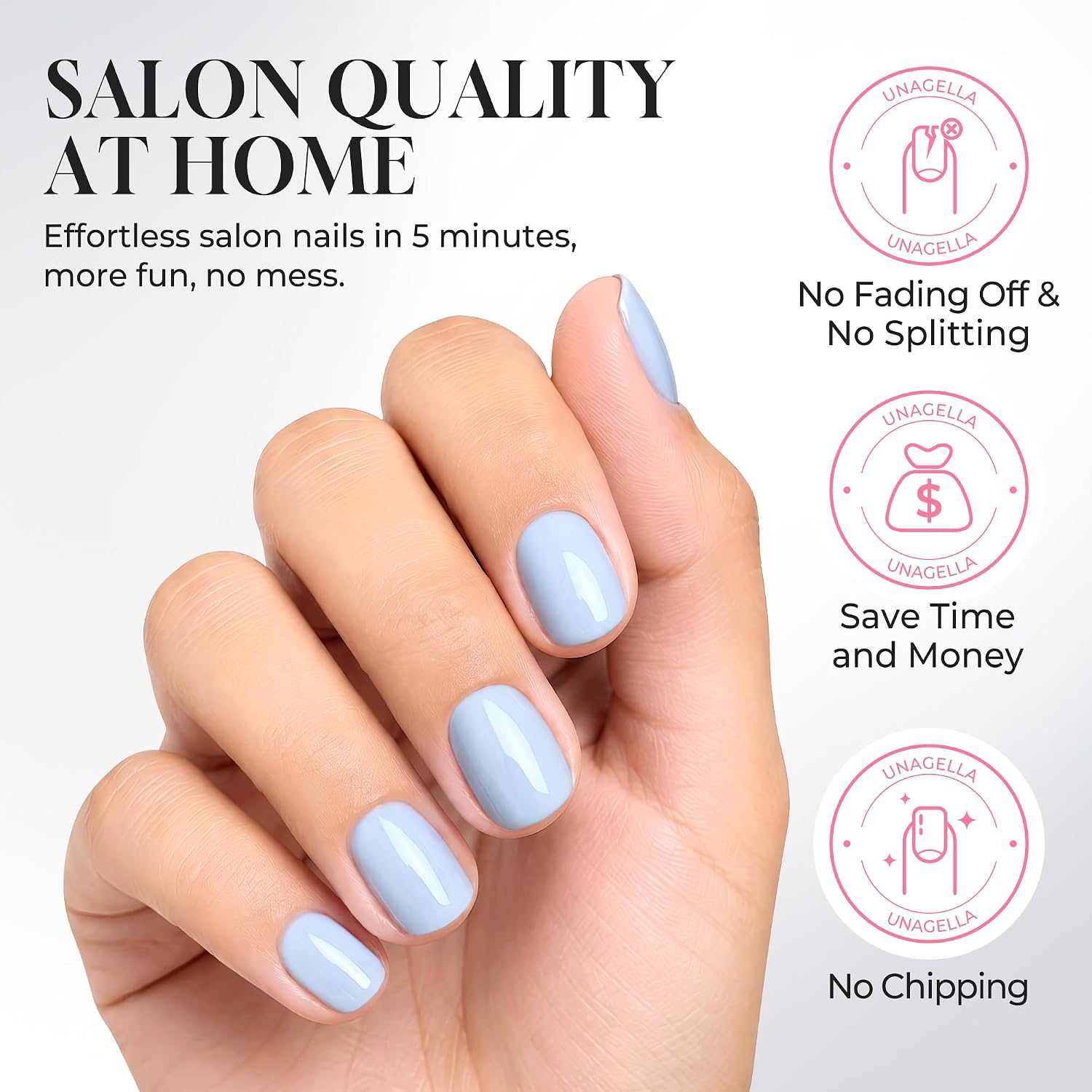 Detalle de UNA GELLA UG-B063 Extra Short Squoval Press-On Nails, Baby Blue, 32-Piece Kit