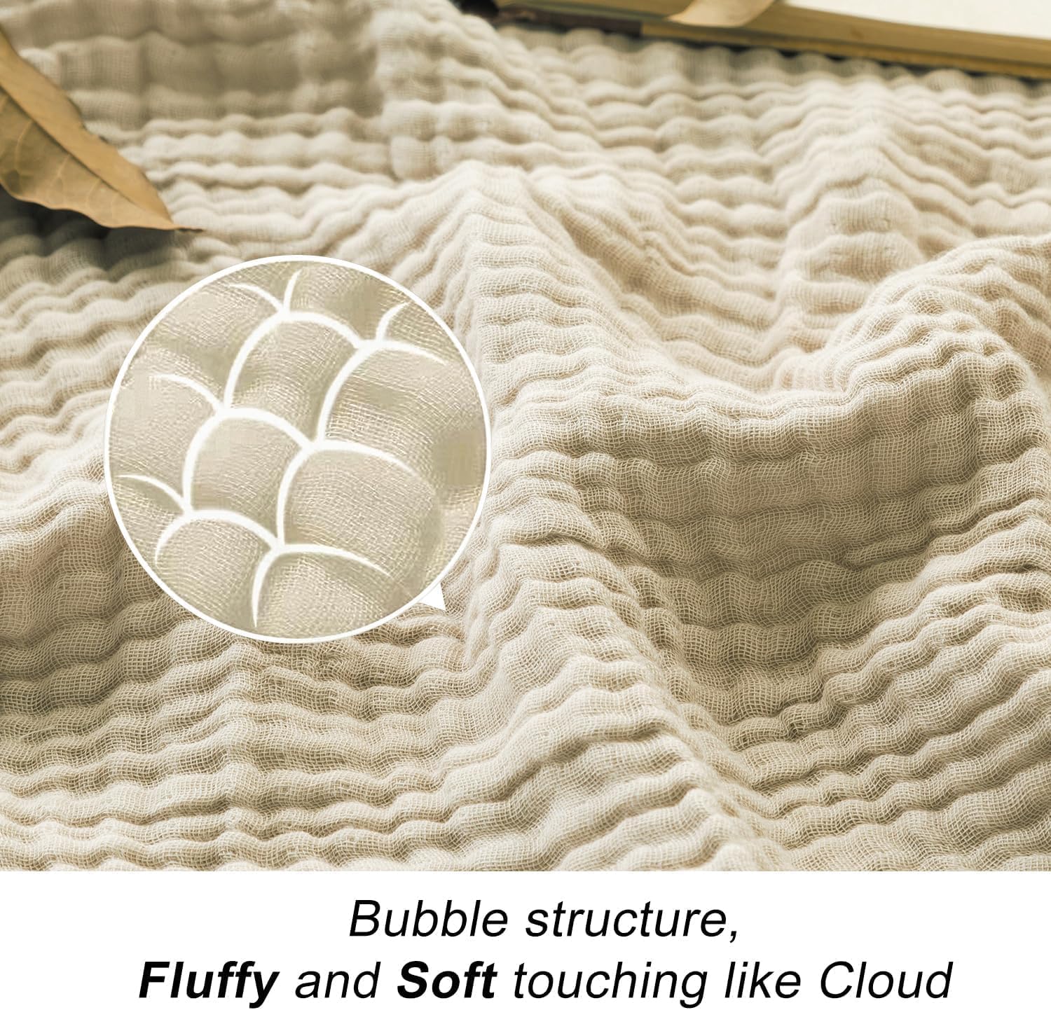 Detalle 2 de EMME Cotton Blanket Queen Size: Soft Muslin, Breathable All-Season Bedspread 90x90 (Beige)