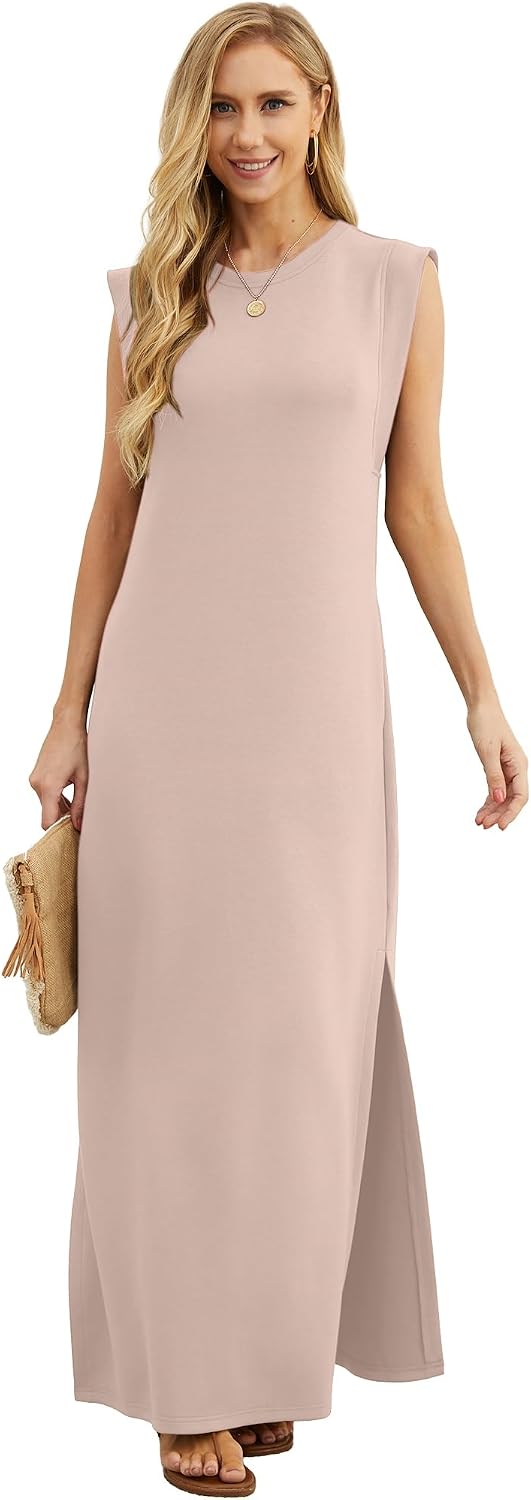 Detalle 2 de GRECERELLE GC8312 Women's Maxi Dress, Round Neck, Side Slit and Pockets