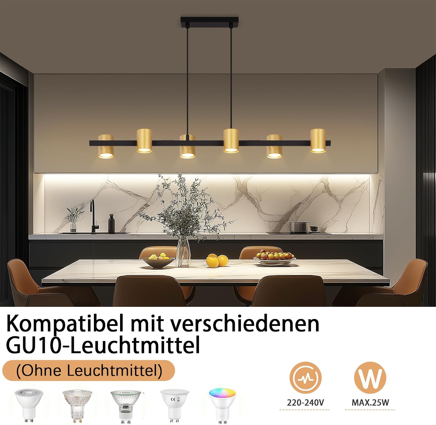 Thumbnail 2 de Kowanie Pendelleuchte Esstisch Hängelampe 6-flammig in Schwarz/Gold (GU10) – ohne Leuchtmittel