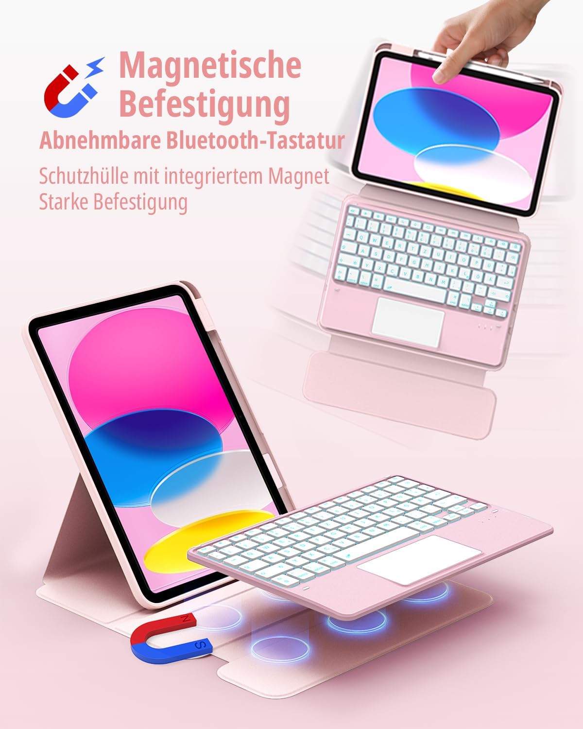 Detalle 2 de CACOE Drehbare Hülle mit Tastatur für iPad (A16) 11/10 Generation inkl. Touchpad – Hellrosa