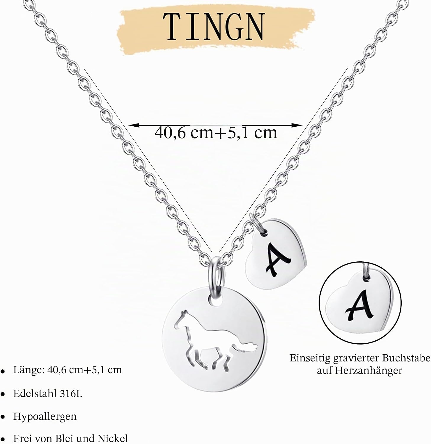 Detalle 2 de TINGN Pferde Mädchen Geschenk – Personalisierte Pferde-Kette aus Edelstahl mit Herzbuchstaben
