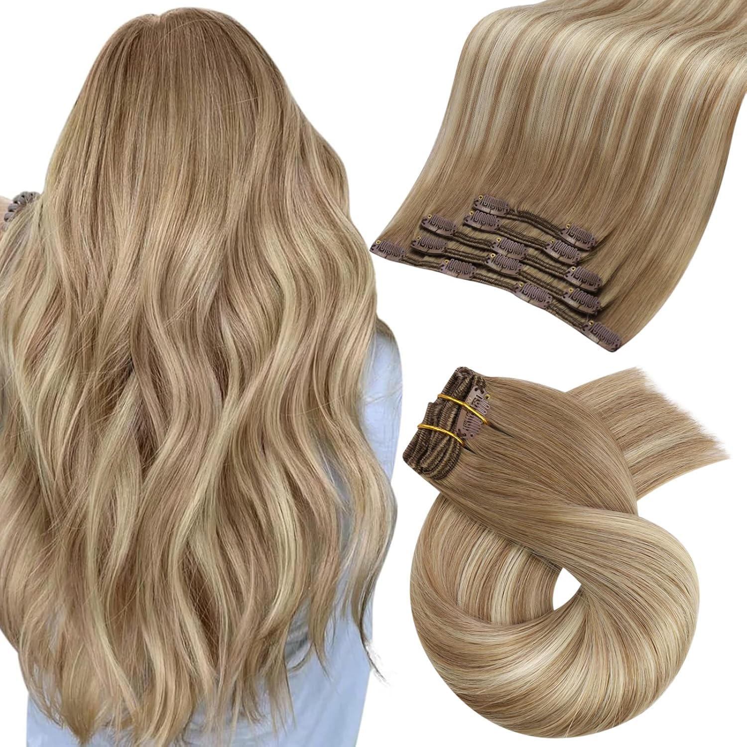 Detalle de Moresoo Clip-in Echthaar Extensions: Wurzelbraun zu Hellbraun mit Platinblond, 50 cm – 5 Stück, 80 g