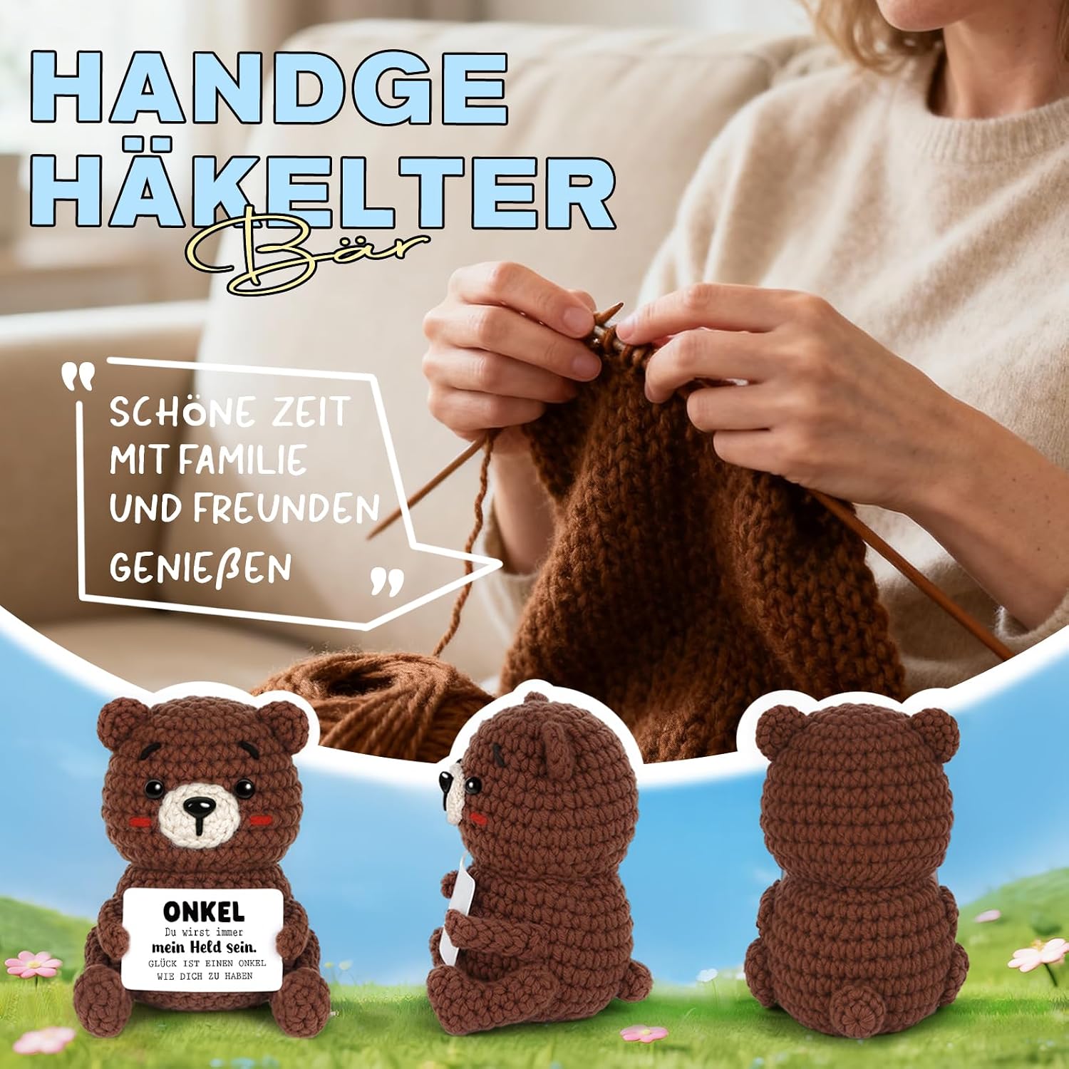 Thumbnail 2 de CheriGift Onkel Geschenk: Handgehäkelter Bär Glücksbringer