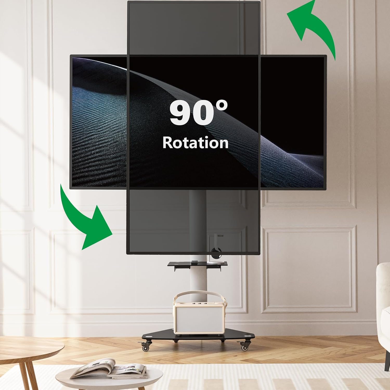 Detalle de XTRARM Proton 300: Supporto TV mobile con ripiano e prese, per schermi 32–75 pollici (fino a 40 kg) in alluminio nero