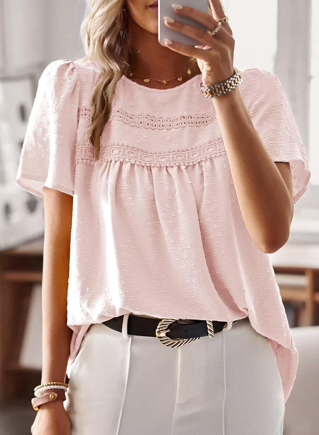 Detalle 2 de Falechay Women's Summer Tops: Boho Crochet Lace Blouse with Flowing Chiffon