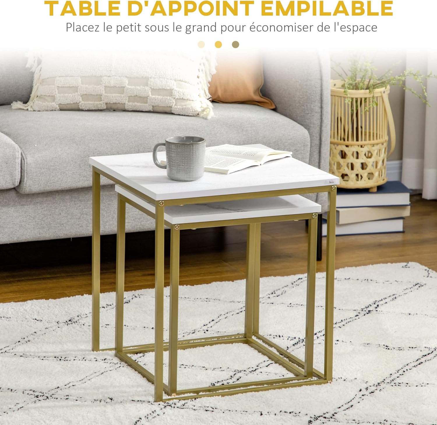 Detalle 2 de HOMCOM Lot de 2 tables basses gigognes avec plateau blanc effet marbre et piétement acier doré