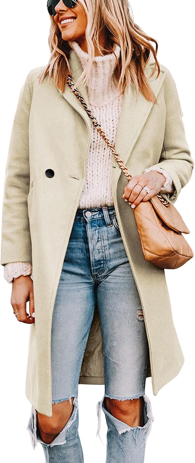 Detalle de Tanming Women's Mid-Long Wool-Blend Pea Coat, Double-Breasted with Notch Lapels