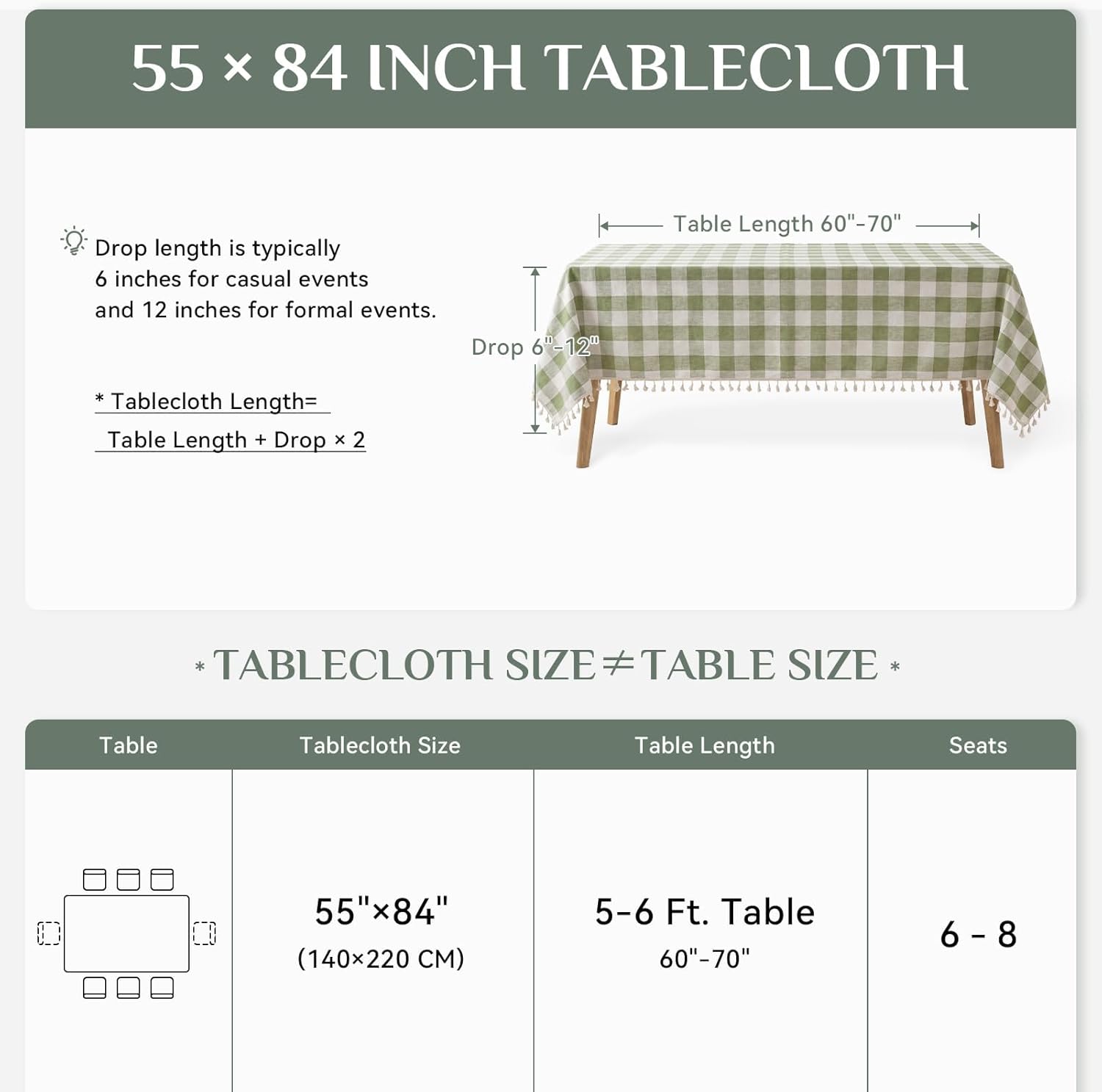Thumbnail 6 de Softalker Outdoor Checkered Tablecloth with Tassels – 55 x 84 Inch Linen-Cotton Gingham (Sage) for 6-Foot Rectangular Tables