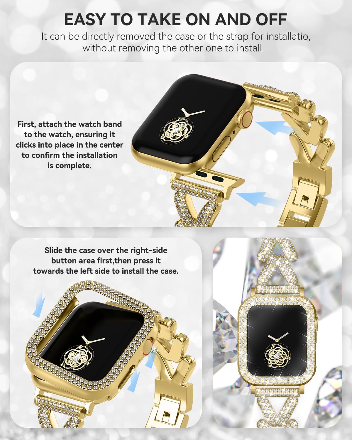 Detalle 2 de Bling Gold Rhinestones Encrusted Metal Bracelet & Case for Apple Watch Bands (38–49mm)
