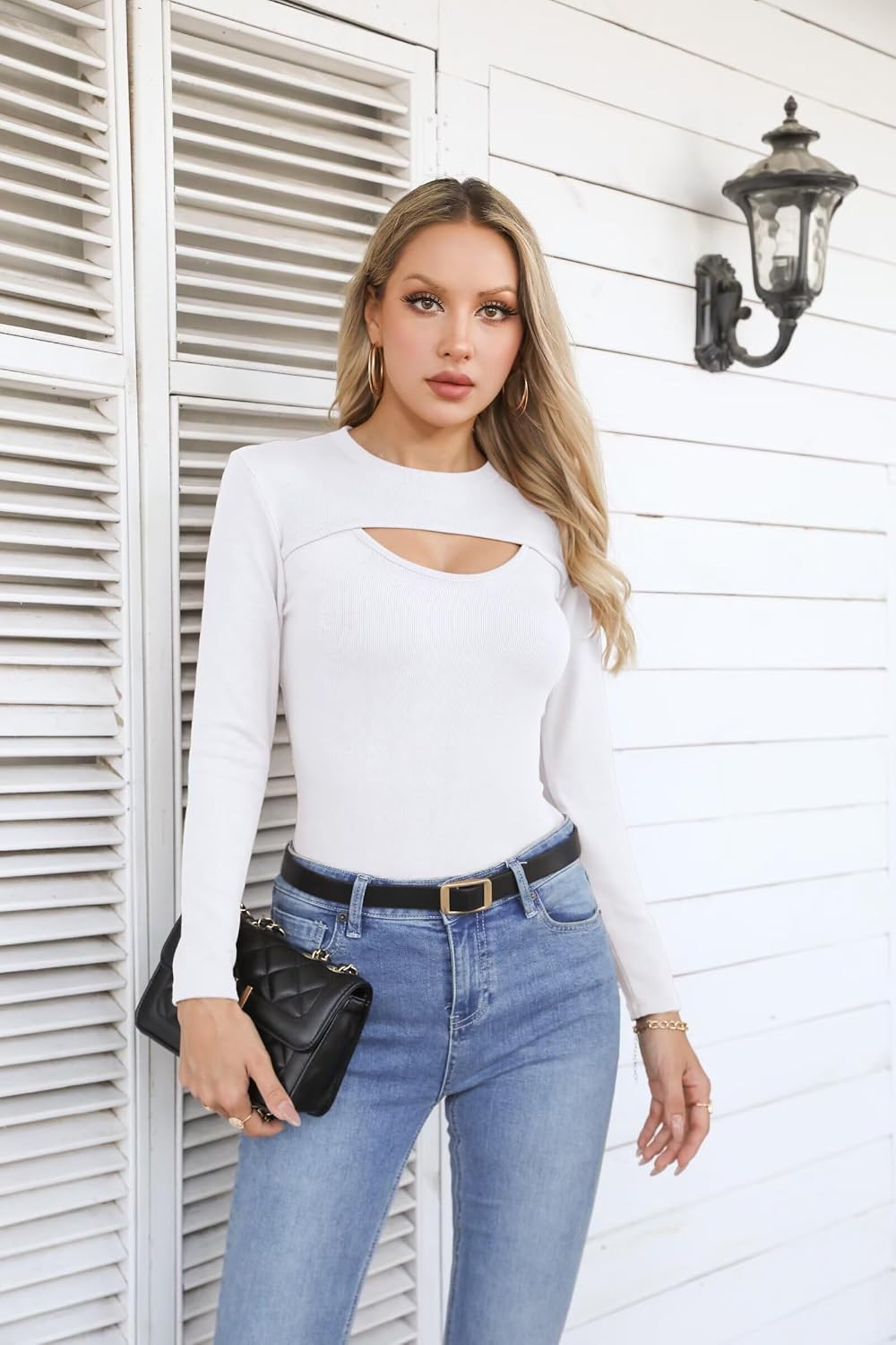 Thumbnail 5 de VICHYIE Damen Langarm Shirt Ribbed Cut-Out