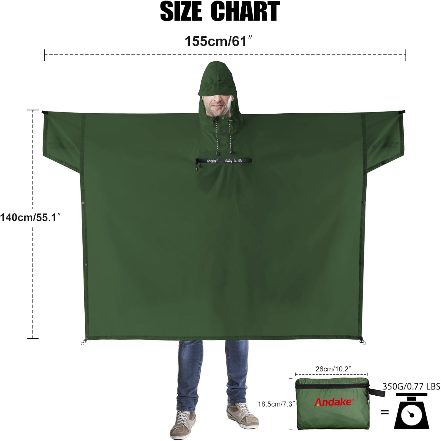 Detalle 2 de Andake Regenponcho Wasserdicht Unisex – 3-in-1 Outdoor Regenmantel