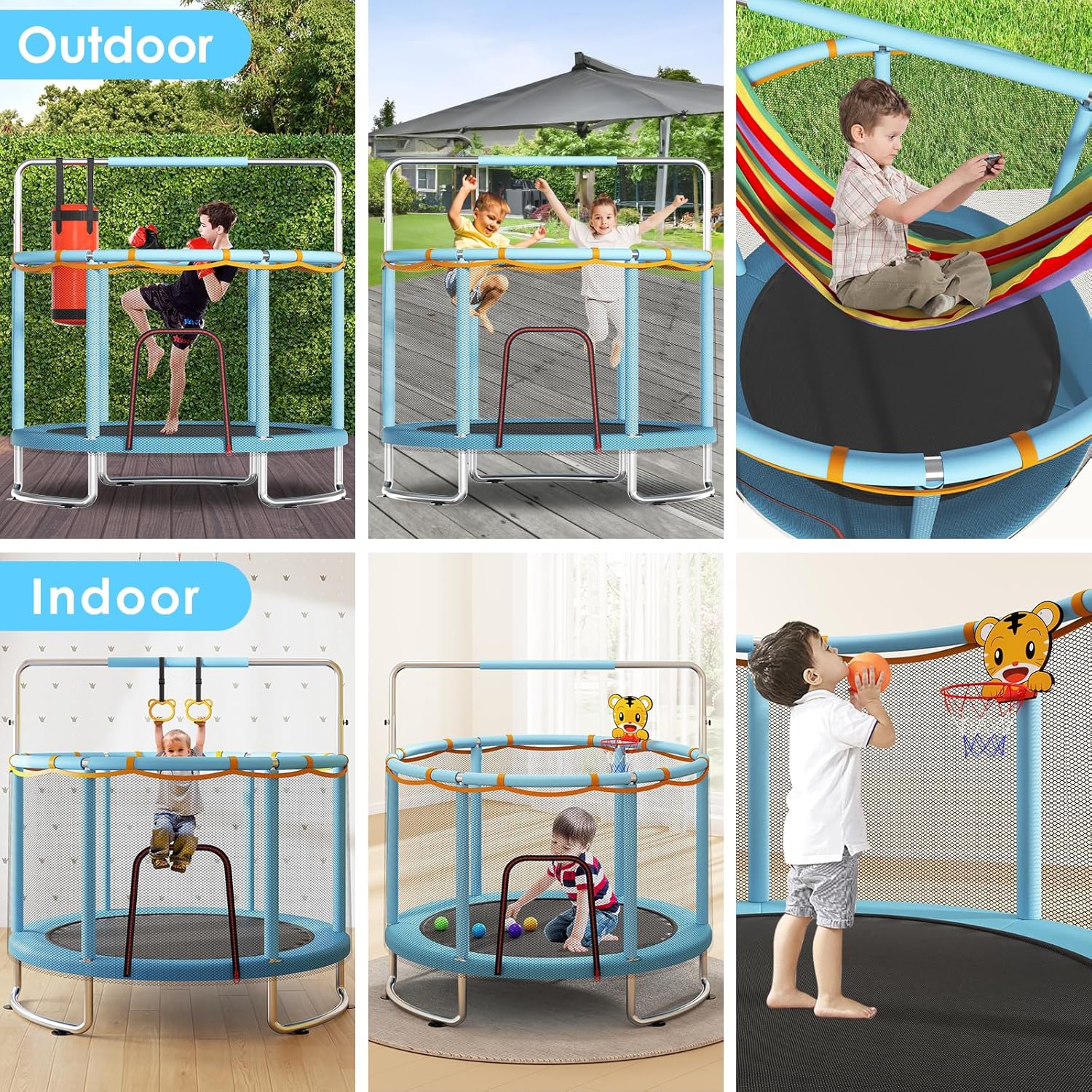 Detalle de Trampoline for Kids (55 in) 440 lbs with Full Anti-Rust Frame, Net & Adjustable Gymnastics Bar