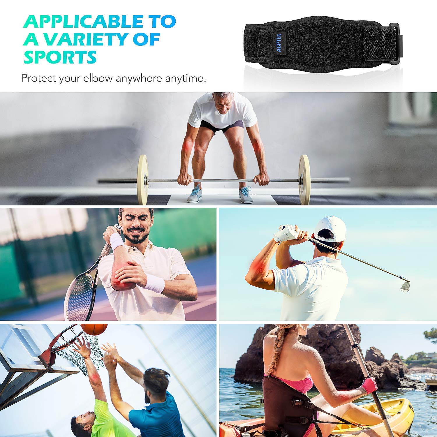 Thumbnail 6 de AGPTEK SEP1-AU Elbow Brace, Adjustable Non-Slip Straps, 2-Pack