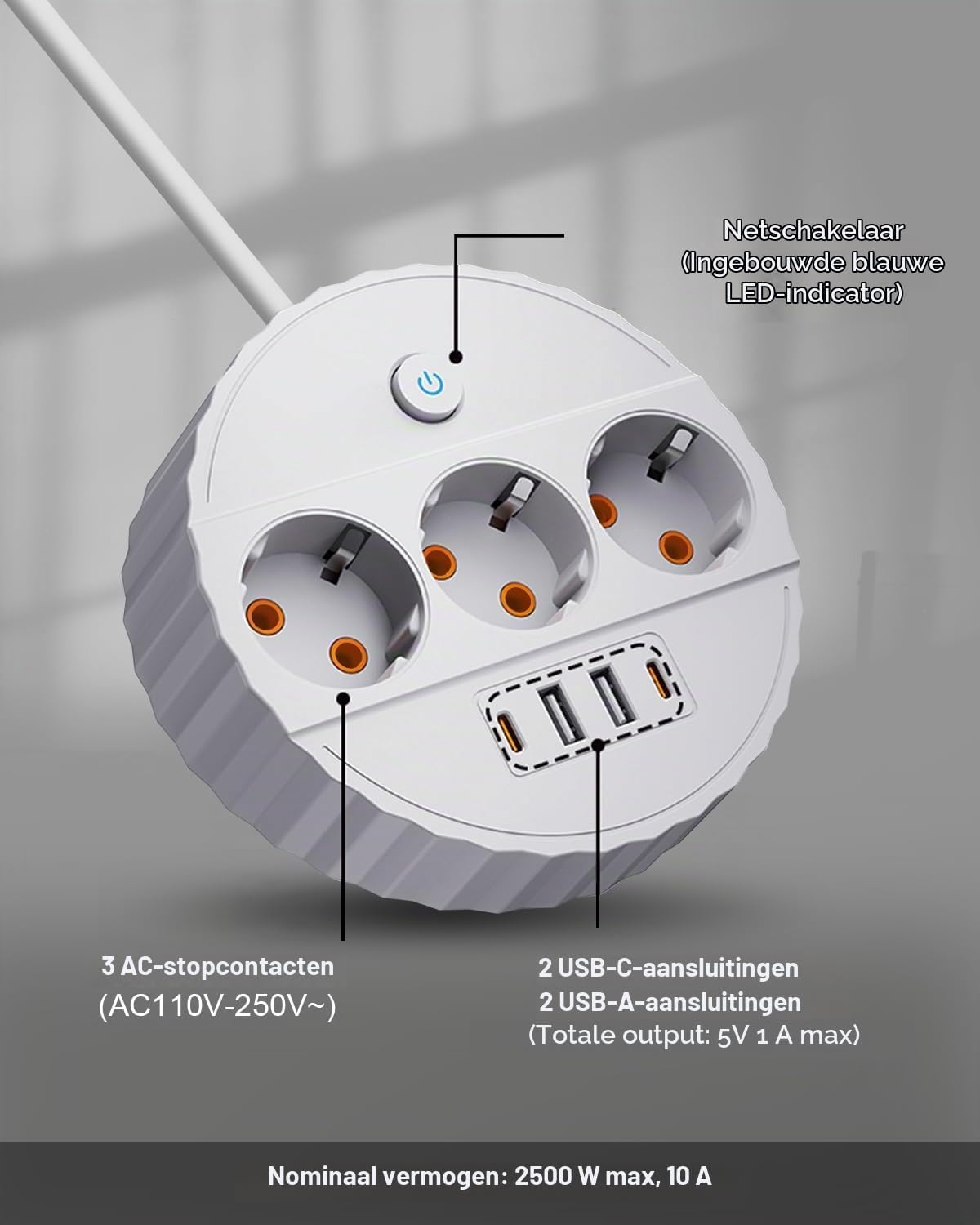 Detalle de Microwear 7-in-1 stekkerdoos, 2500 W, 2 USB-C-poorten en 1,8 m kabel
