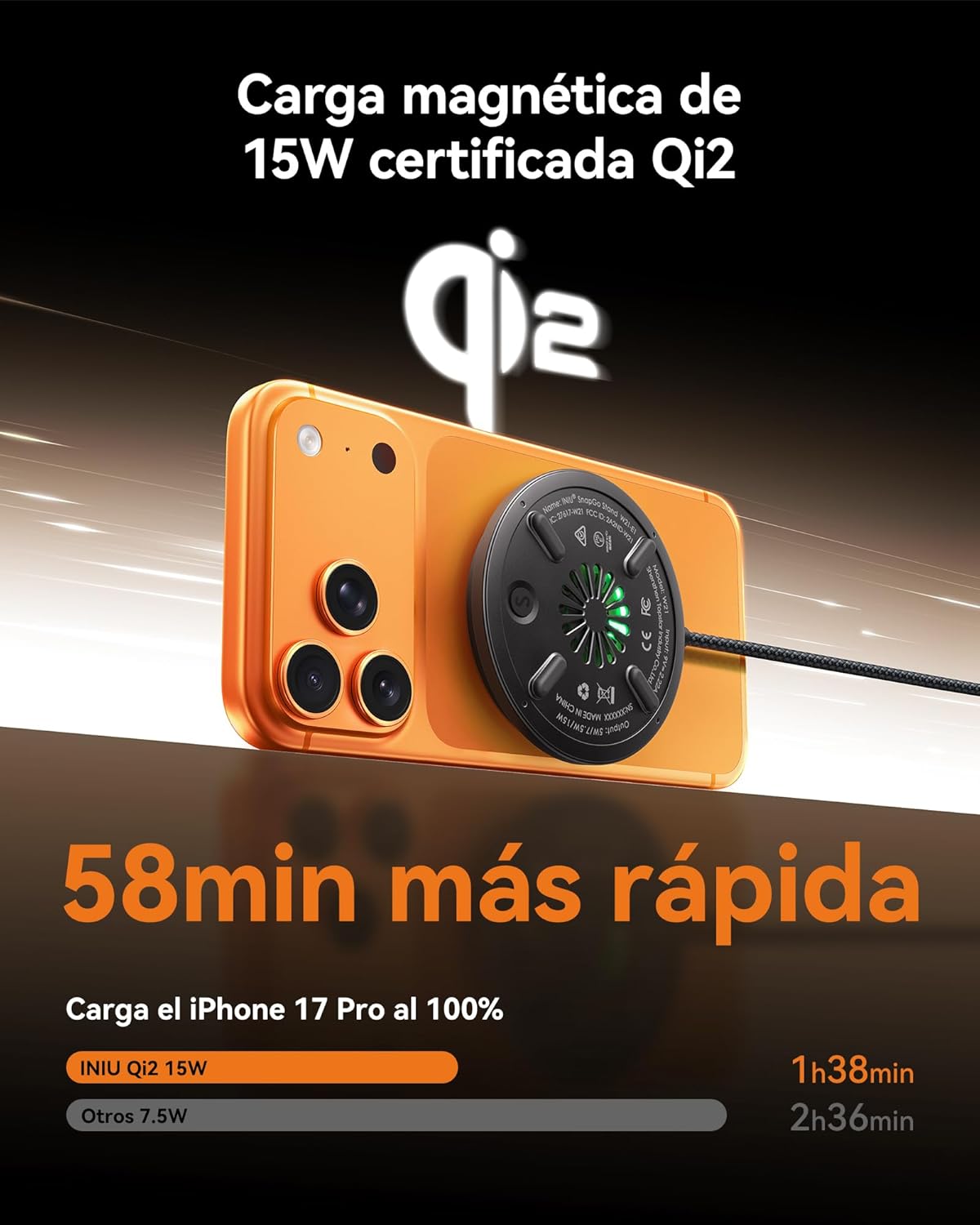 Detalle 2 de INIU Cargador Inalámbrico 15W carga rápida
