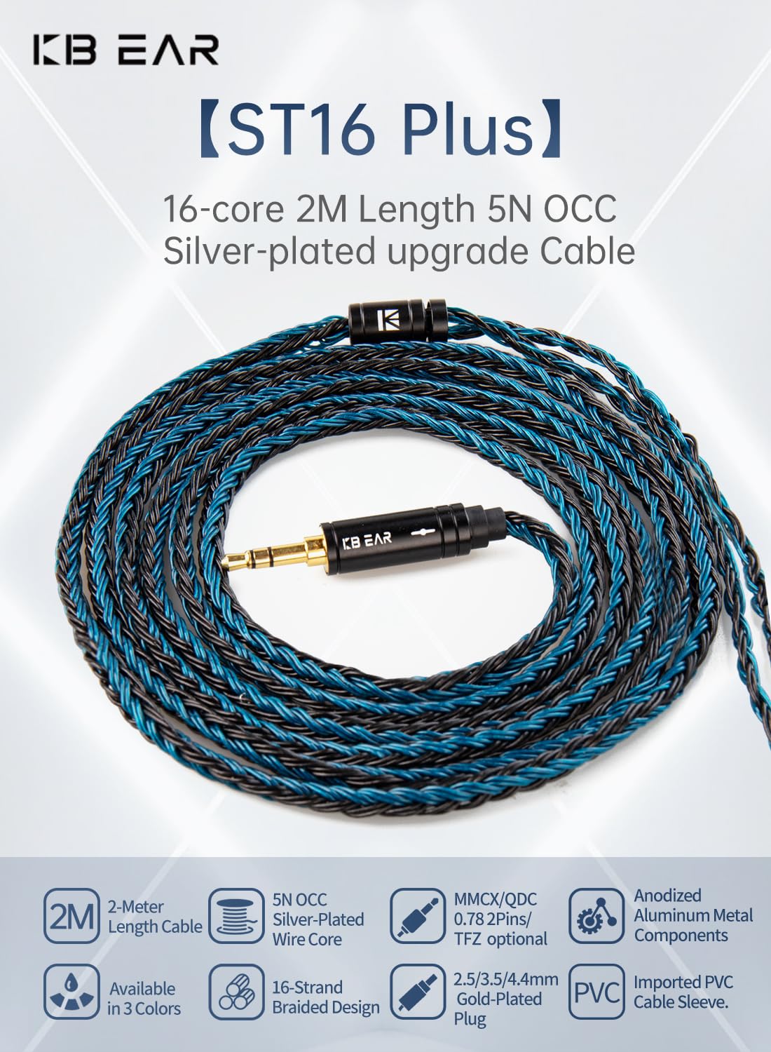 Detalle 2 de KBEAR ST16 Plus IEM-kabel, 2-polig, 3,5 mm, 16-trådig och svartblå