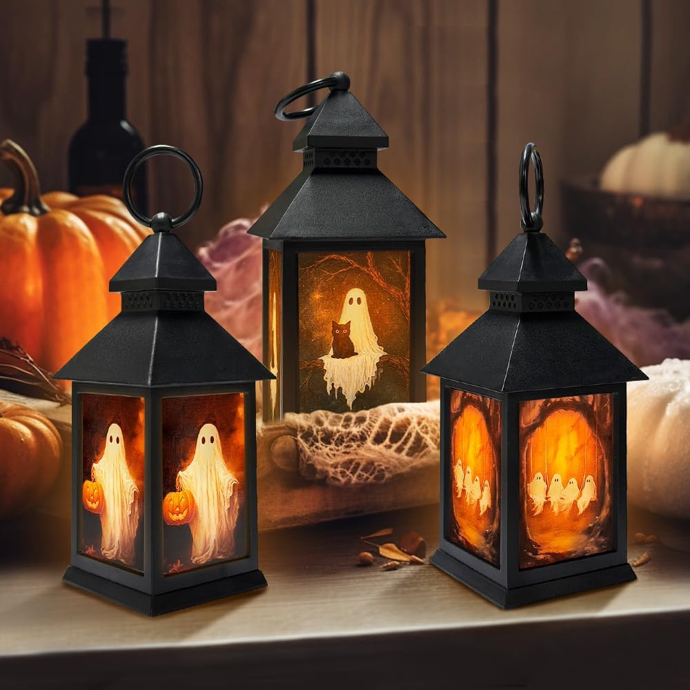 Detalle 2 de Bseical-1017 Halloweenlantaarns, set van 3 met led-kaars en ophangoog