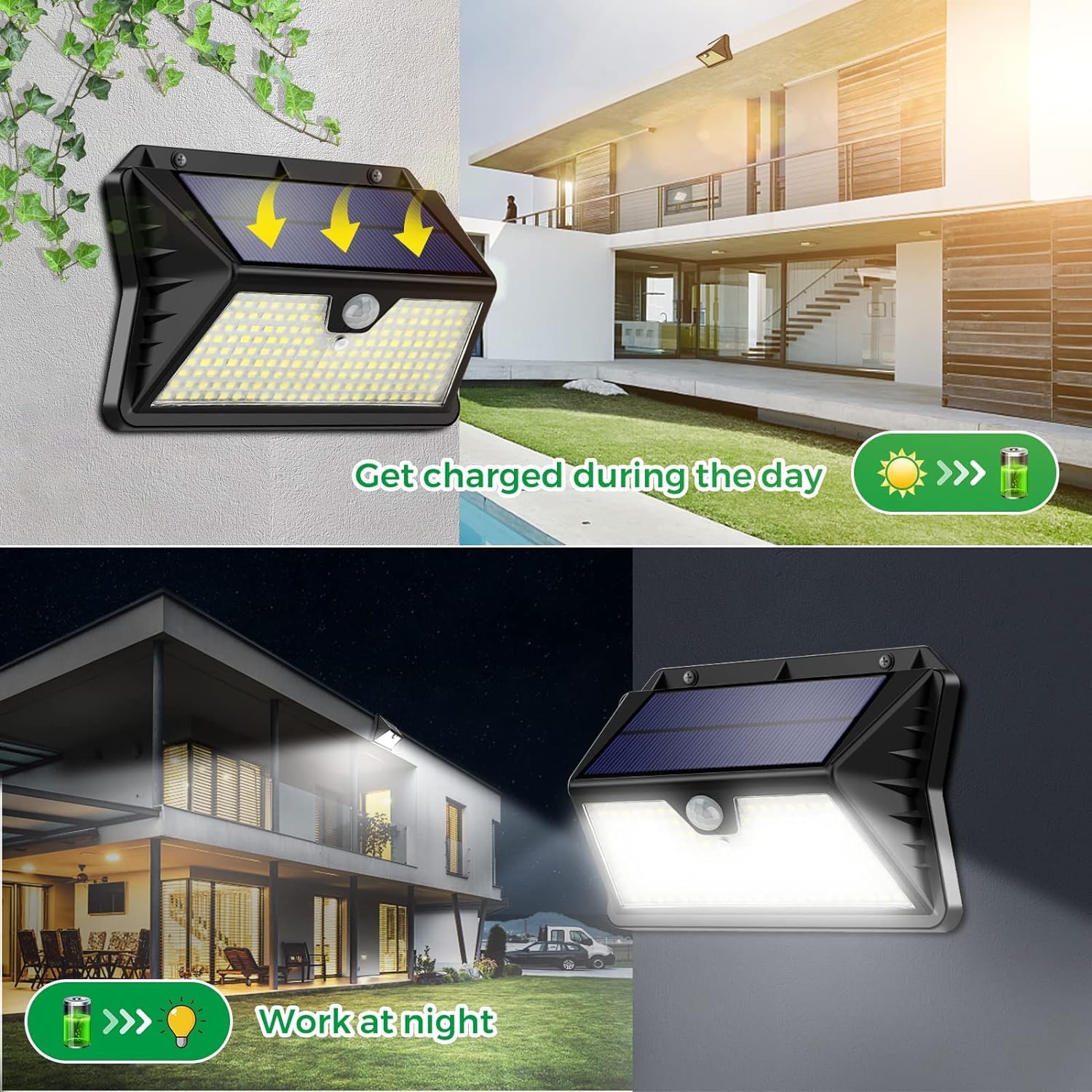 Detalle de OUILA Solarlampen für Außen mit Bewegungsmelder (4er-Set) – 185 LED, 3 Modi, IP65