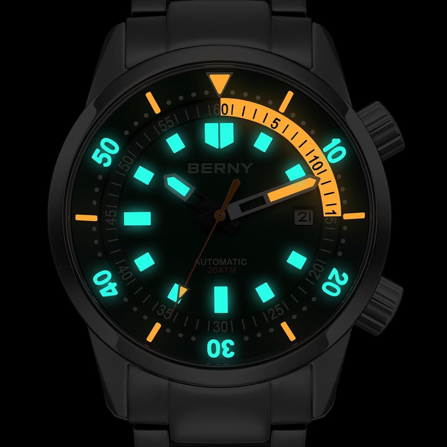 Thumbnail 4 de BERNY automatische Taucheruhr für Männer (20 ATM) mit Miyota 8215, Saphirglas und Leuchtzeigern