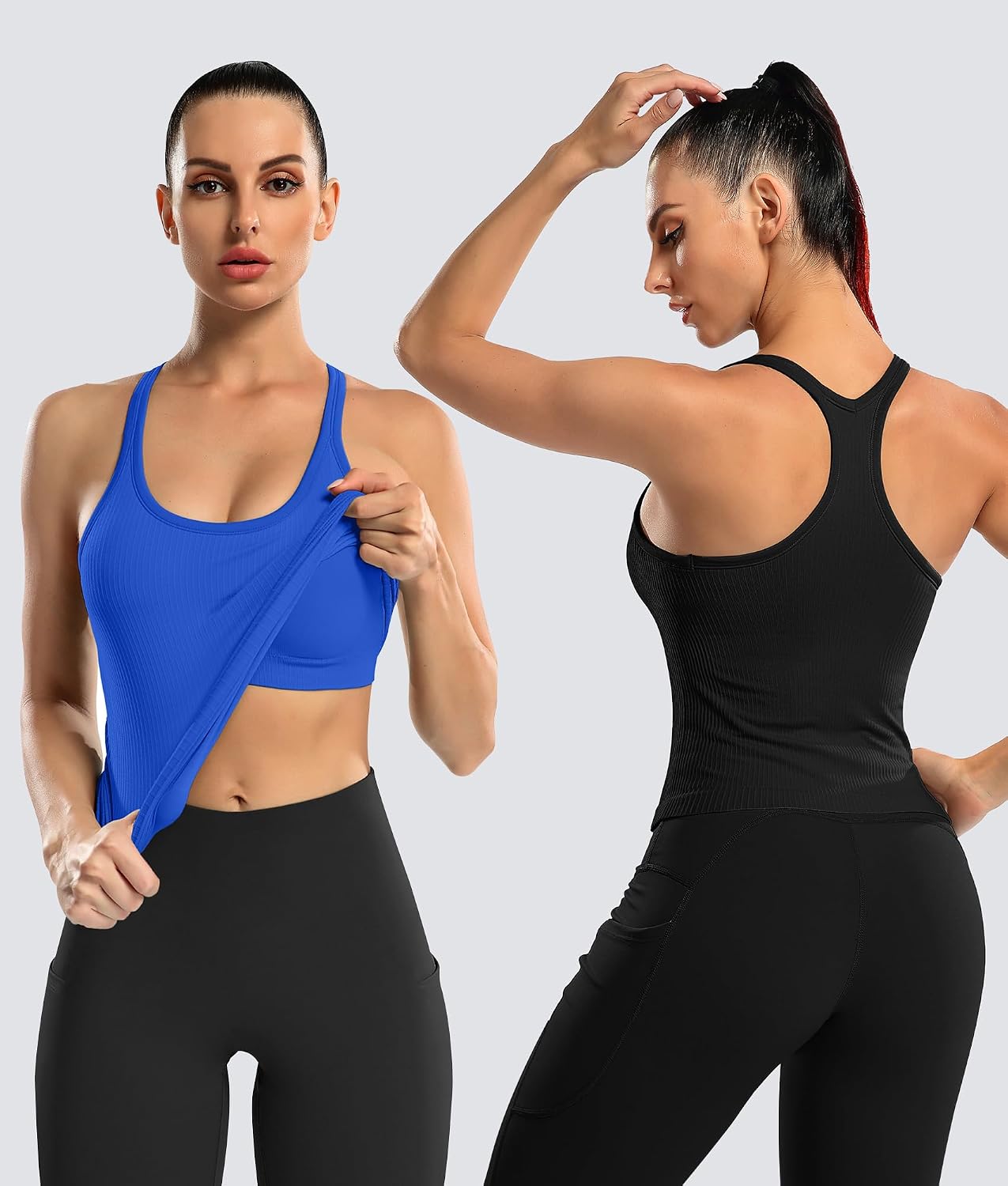 Detalle de ATTRACO Women Ribbed Workout Crop Top with Built-In Bra — Yoga Racerback Tank